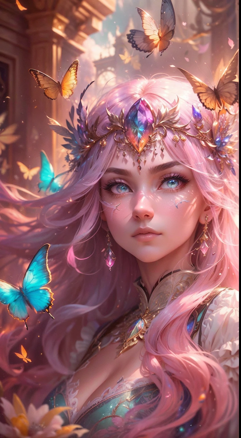 (((Masterpiece))), (((Best quality))), ((Ultra-detailed)),(Highly detailed CG illustration), ((An extremely delicate and beautiful)),Cinematic light, Create stunning fantasy artwork,Imitate the style of the genre masters of the day. The work should contain elements of mythological fantasy and fairy tale fantasy,And with colorful accents. ((Various shades of pink and watercolor pastels are used as the main color scheme.)) The character in the work is a delicate but strong petite character,Exudes an aura of mystery and magic. Pay close attention to intricate facial features, For example, mesmerizing eyes,Bright colors and bold shadows. The character's clothes should be designed with gossamer feathers, Silk, Amazing embroidery, and subtle iridescent details. Blend in with fantastic colors, Dynamic lighting, and detailed background elements,Create a sense of awe and immersion. These include colorful flying magic birds and jewel-colored butterflies that emit magical halos. Consider the latest trends in fantasy art, such as incorporating unique lighting effects, Explore dynamic and engaging composition techniques, And try a unique color palette. Take inspiration from top artists on ArtStation and Midjourney. camera: Choose an angle that highlights the beauty of the character,Enhance the magical majesty of the artwork. lighting: Use atmospheric lighting technology to create depth and atmosphere. Resolution: Aim for high-resolution artwork,to showcase intricate detail and clarity. Artistic inspiration: Get inspiration from popular artists on ArtStation, Explore different styles, Sexual huge breasts cleavage, and the theme.
