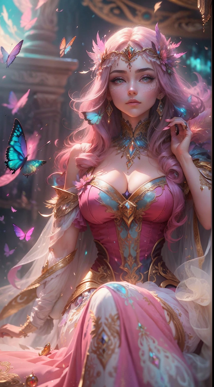 (((Masterpiece))), (((Best quality))), ((Ultra-detailed)),(Highly detailed CG illustration), ((An extremely delicate and beautiful)),Cinematic light, Create stunning fantasy artwork,Imitate the style of the genre masters of the day. The work should contain elements of mythological fantasy and fairy tale fantasy,And with colorful accents. ((Various shades of pink and watercolor pastels are used as the main color scheme.)) The character in the work is a delicate but strong petite character,Exudes an aura of mystery and magic. Pay close attention to intricate facial features, For example, mesmerizing eyes,Bright colors and bold shadows. The character's clothes should be designed with gossamer feathers, Silk, Amazing embroidery, and subtle iridescent details. Blend in with fantastic colors, Dynamic lighting, and detailed background elements,Create a sense of awe and immersion. These include colorful flying magic birds and jewel-colored butterflies that emit magical halos. Consider the latest trends in fantasy art, such as incorporating unique lighting effects, Explore dynamic and engaging composition techniques, And try a unique color palette. Take inspiration from top artists on ArtStation and Midjourney. camera: Choose an angle that highlights the beauty of the character,Enhance the magical majesty of the artwork. lighting: Use atmospheric lighting technology to create depth and atmosphere. Resolution: Aim for high-resolution artwork,to showcase intricate detail and clarity. Artistic inspiration: Get inspiration from popular artists on ArtStation, Explore different styles, Sexual huge breasts cleavage, and the theme.