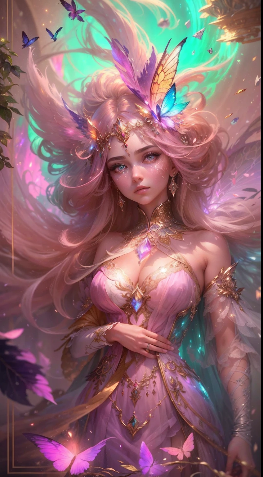 (((Masterpiece))), (((Best quality))), ((Ultra-detailed)),(Highly detailed CG illustration), ((An extremely delicate and beautiful)),Cinematic light, Create stunning fantasy artwork,Imitate the style of the genre masters of the day. The work should contain elements of mythological fantasy and fairy tale fantasy,And with colorful accents. ((Various shades of pink and watercolor pastels are used as the main color scheme.)) The character in the work is a delicate but strong petite character,Exudes an aura of mystery and magic. Pay close attention to intricate facial features, For example, mesmerizing eyes,Bright colors and bold shadows. The character's clothes should be designed with gossamer feathers, Silk, Amazing embroidery, and subtle iridescent details. Blend in with fantastic colors, Dynamic lighting, and detailed background elements,Create a sense of awe and immersion. These include colorful flying magic birds and jewel-colored butterflies that emit magical halos. Consider the latest trends in fantasy art, such as incorporating unique lighting effects, Explore dynamic and engaging composition techniques, And try a unique color palette. Take inspiration from top artists on ArtStation and Midjourney. camera: Choose an angle that highlights the beauty of the character,Enhance the magical majesty of the artwork. lighting: Use atmospheric lighting technology to create depth and atmosphere. Resolution: Aim for high-resolution artwork,to showcase intricate detail and clarity. Artistic inspiration: Get inspiration from popular artists on ArtStation, Explore different styles, Sexual huge breasts cleavage, and the theme.
