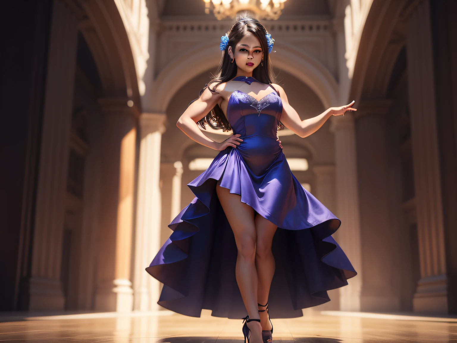 araffe woman in a blue dress posing in a large room, elegant cinematic pose, 3 d render character art 8 k, fantasy style 8 k octane render, wlop and ross tran, royal elegant pose, (octane render) fantasy style, ross tran 8 k, stunning elegant pose, unreal engine render + a goddess, stuning fantasy 3 d render