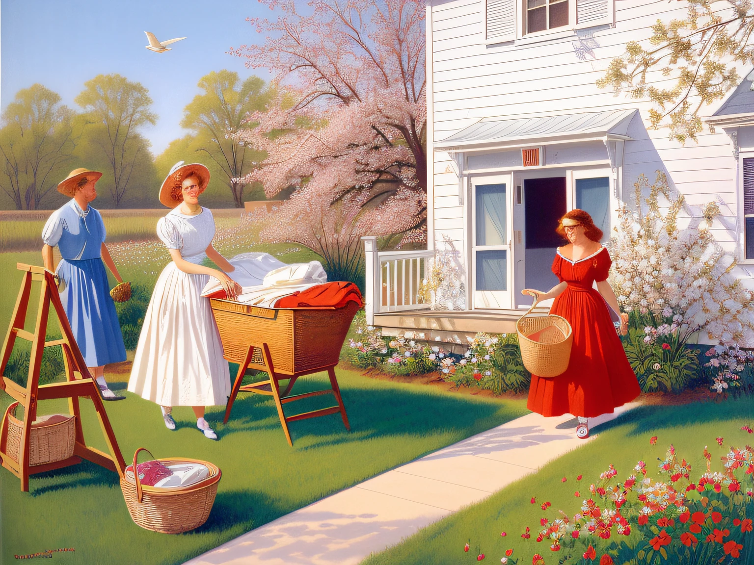 painting of a woman in a red dress and a basket of laundry, darrell k sweet, springtime morning, by Harold Sandys Williamson, laundry hanging, by Stevan Dohanos, by Don Reichert, by Mort Artists, sunday afternoon, by Art Frahm, american scene painting, by David B. Mattingly
