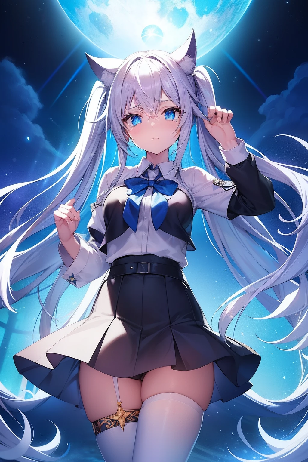 Cat's ears,Hair is silver twin tails,Goggles shine on her head,Her skin is pale, The figure of the priestess,,A blade of light enveloped me like a snake in interstellar wind,Unleash the Blade of Light, Highest Quality, Schoolgirl in black miniskirt,Raise the Devil's Rainbow Sword, ((sad))((Big tears)), 8 Blue Light Sword,Blade of Light,Lens Flare, Big rainbow,The moon shines,Star chips, bloom, ((Flame glow)), chromatic abberation], Digital Painting, Insane details, Intricate details, Beautifully color graded, Unreal Engine, Cinematic , colour grading, Editorial Photography , Photography, Photo Shot, Shot on 70mm lens, depth of fields, degrees of , Tilt Blur, Shutter Speed 1/1000, h/22