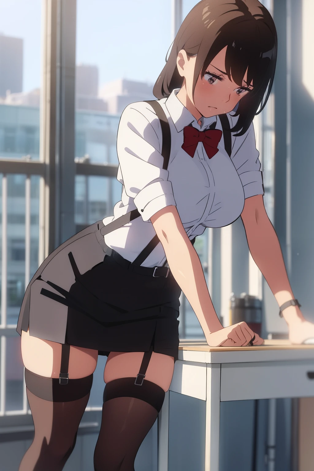 (((stylized manga character, fewer wrinkles, simplified contours))), (a woman masturbating with the corner of the check-counter, straddling), slut, (blush), open mouth, ((drooping eyes, blush)), ((sleepy)), (angle from back below), clerk uniform, skirt, panties, tiny earrings, lean on the table, open legs, raise leg,