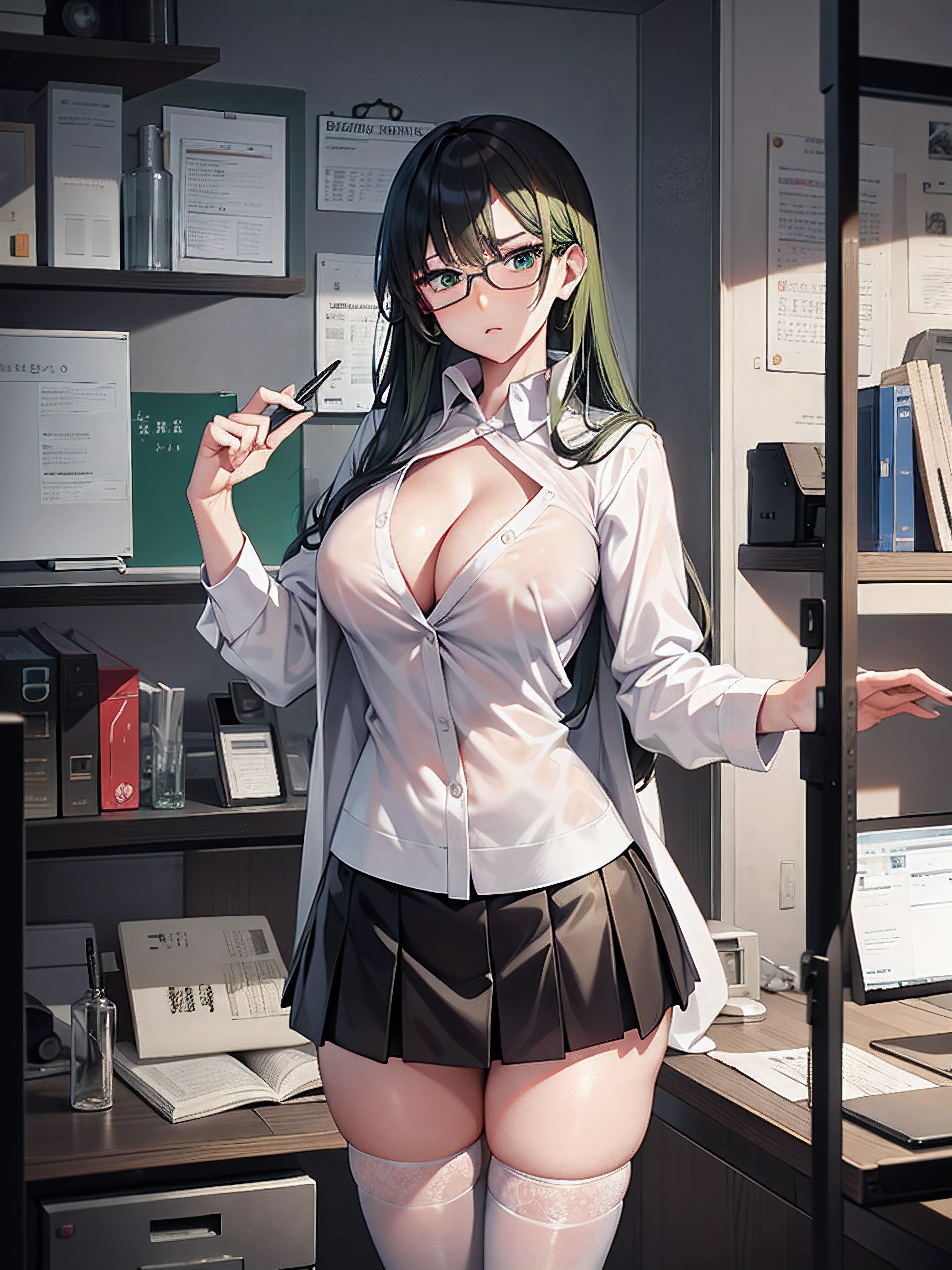 one punch man、tatsumaki、green hair, eye glass、Colossal tits、cleavage of the breast、Manteau blanc、Futomo、a miniskirt、Opening legs、White panty、Labware、whiteboard、beakers、Graduated cylinder、seductiv、pantiy、personal computers、microscope、nameplate、embarassed expression、perspiring、researcher、teats、lascivious、Hentai