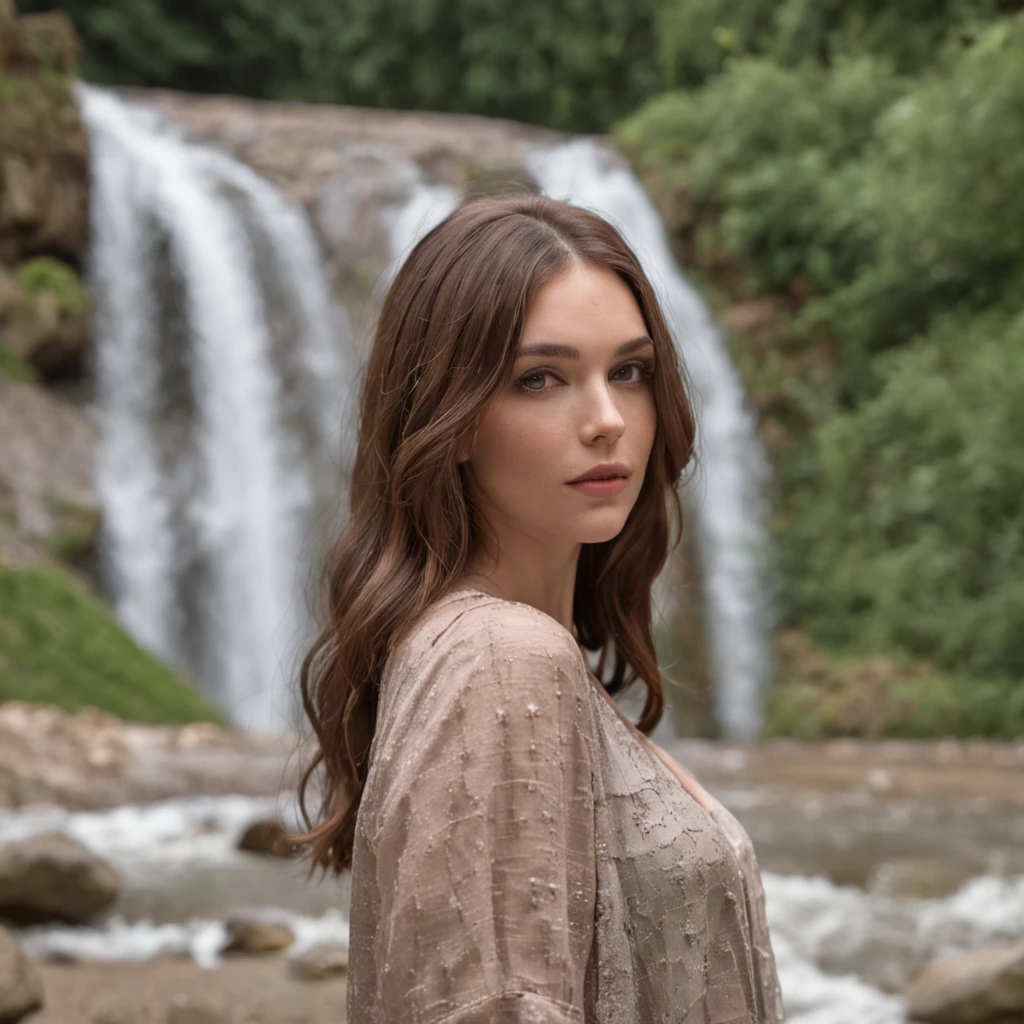 attraktives model, braune haare, verschwommener hintergrund mit wasserfall und natur, Outfit: modern und aktuell mit betonung der Figur in auffallender farbe