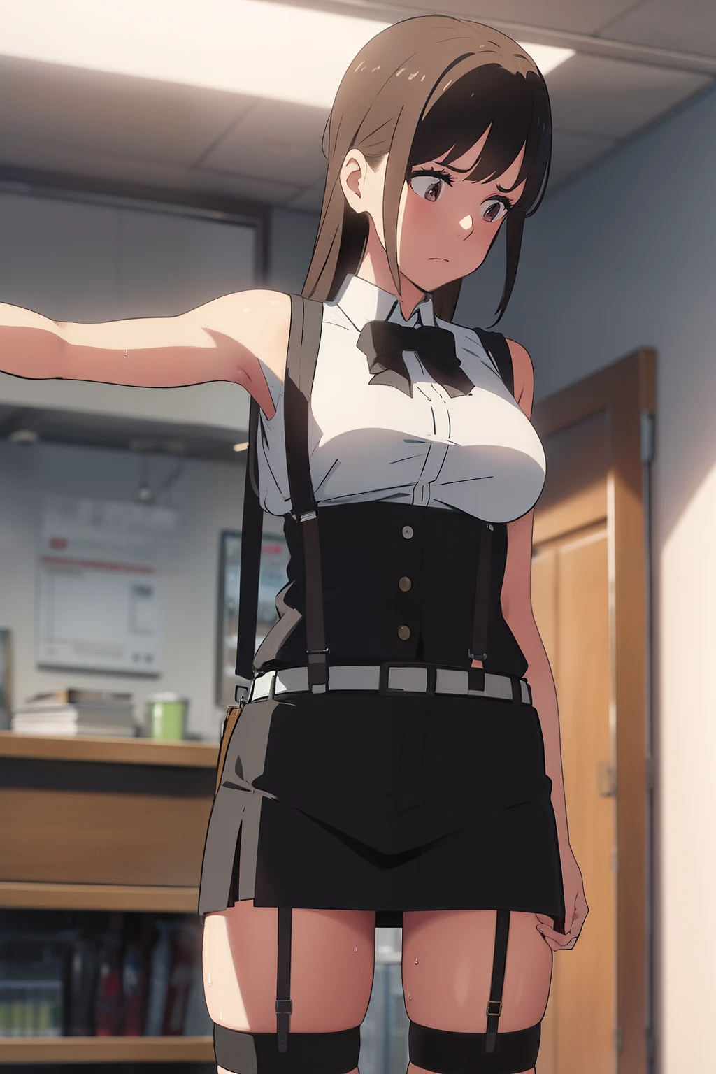 kobeni, scared, black suit, black tie, shirt lift, small boobs, hands on shirt
