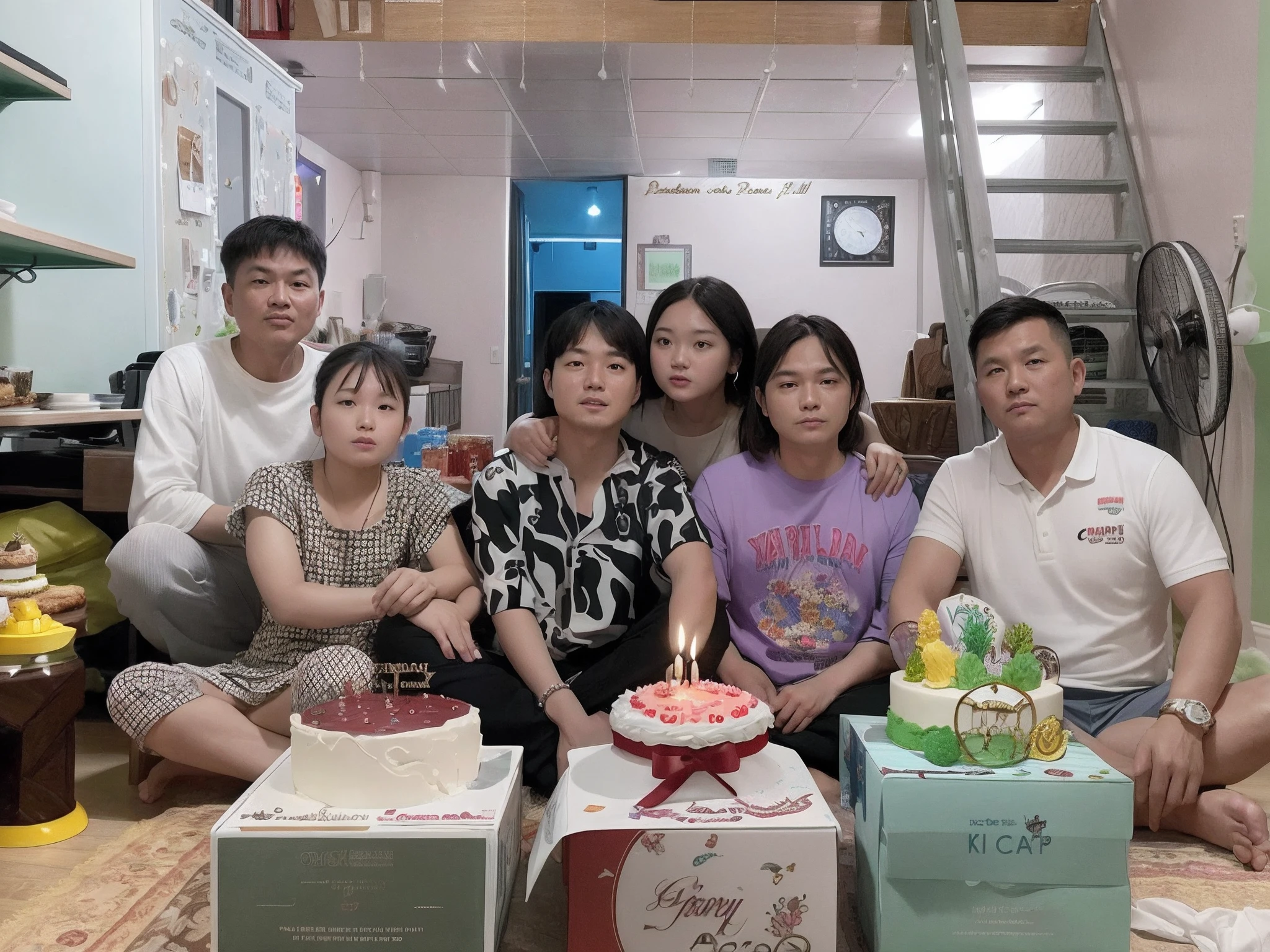 there are a group of people sitting around a cake in a box, happy birthday, dang my linh, happy family, profile image, profile picture, 8k)), hoang long ly, ssao 8 k, duy beni serial, photo taken in 2 0 2 0, 8k --height 768, birthday party, profile pic, exclusive