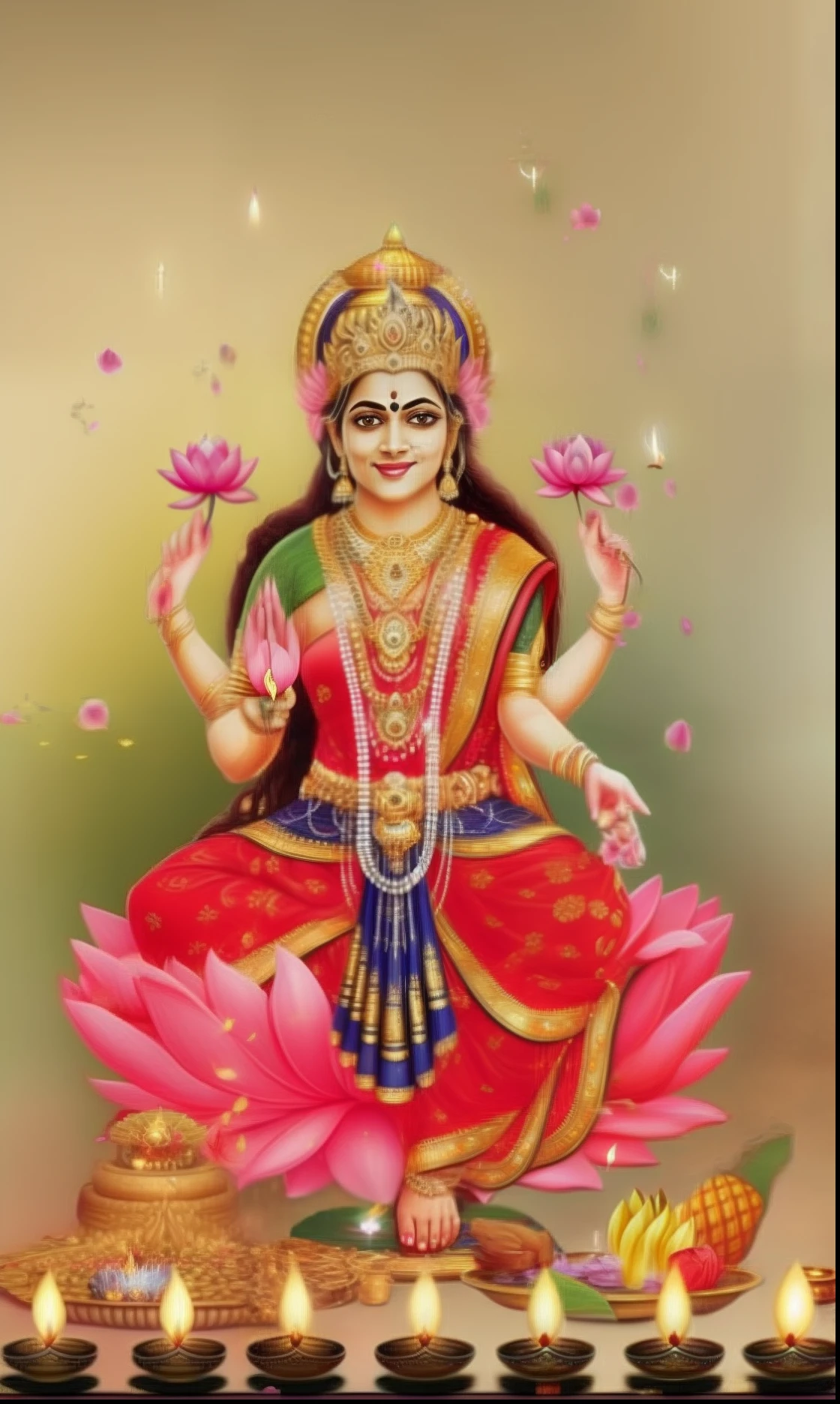 a beautiful hindu goddess with a lotus flower and candles, indian goddess 8k ultra HD smile sweet beautiful queen realistic face