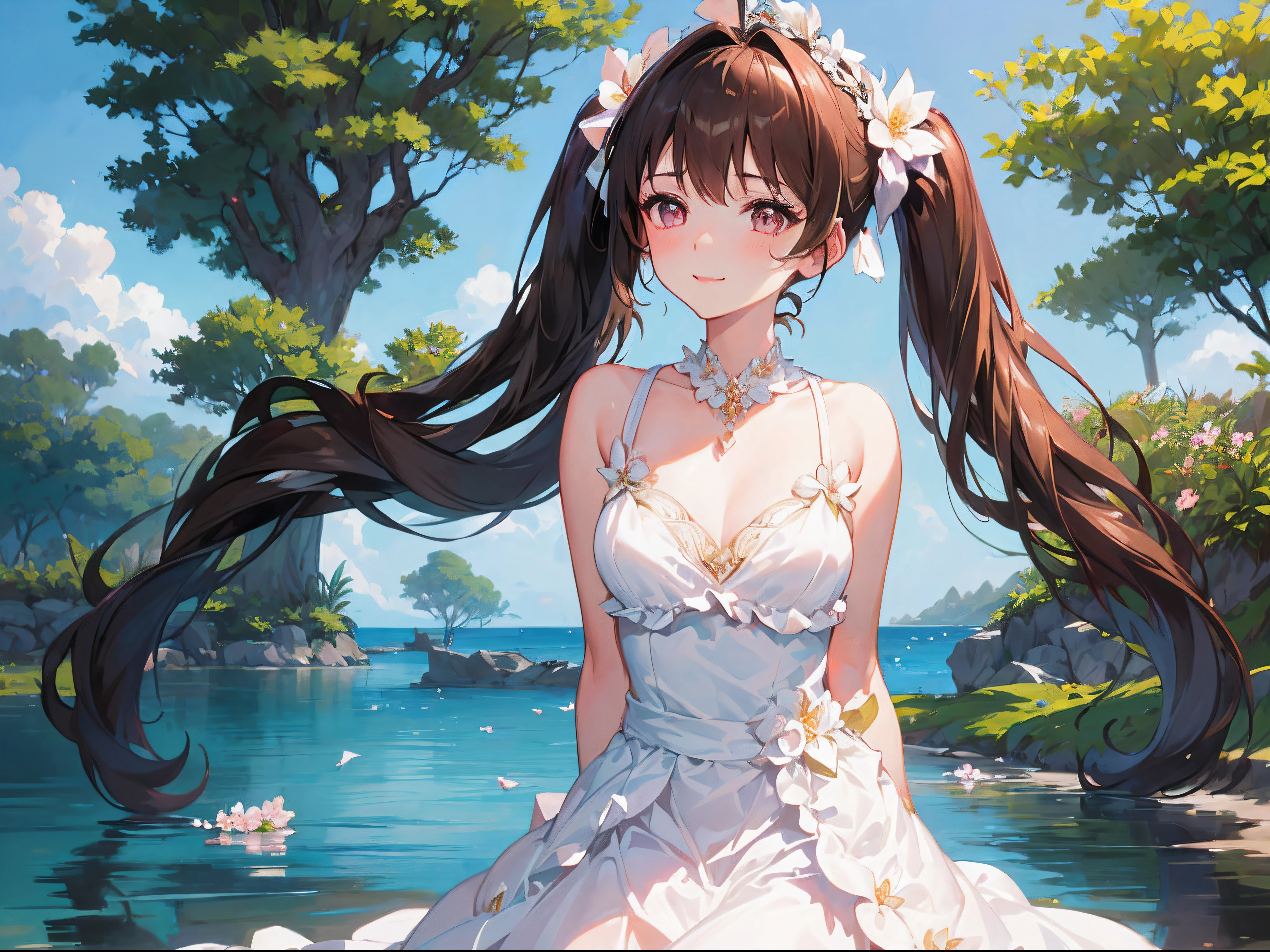 (Best quality),(4k), [highly grand details CG painting]!!,(cheer sticks),(((the Greatest masterpiece,))) (ultra detailed),(((elder sister))),(intricately details),(Natural,mature face),((((beautiful beach,forest))),(dynamic angles,)(breeze),(dynamic lighting),(blooming,synthetic wave), (reality: 0.7), solo,1 girl,Long eyelashes,twintails,watery eyes,reflected eyes,brown haired deity,floating hair,(white weddingdress, flower dress),((elegant and conservative cloth)),seductive smile,arms behind back