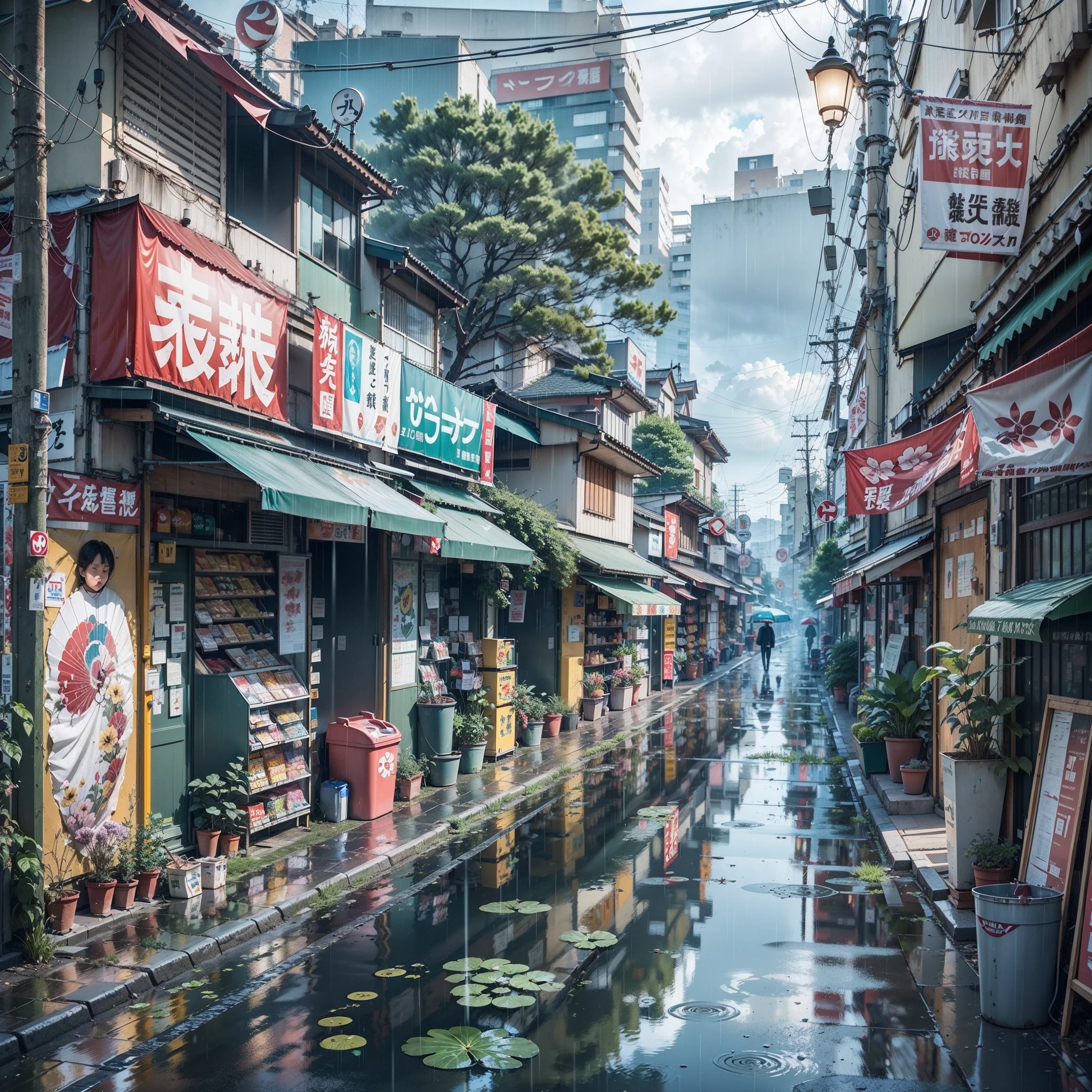 Anime background, empty, modern Japanese city street next to a river. anime, anime style. trash cans, plant pots, drains, air vents, air ventilation systems, gutters, pipes, wires, big Japanese shop signs, retro Japanese shop banners. (no one :1), no one in sight. gloomy weather, rain, heavy rainfall, heavy rain, puddles. best quality.