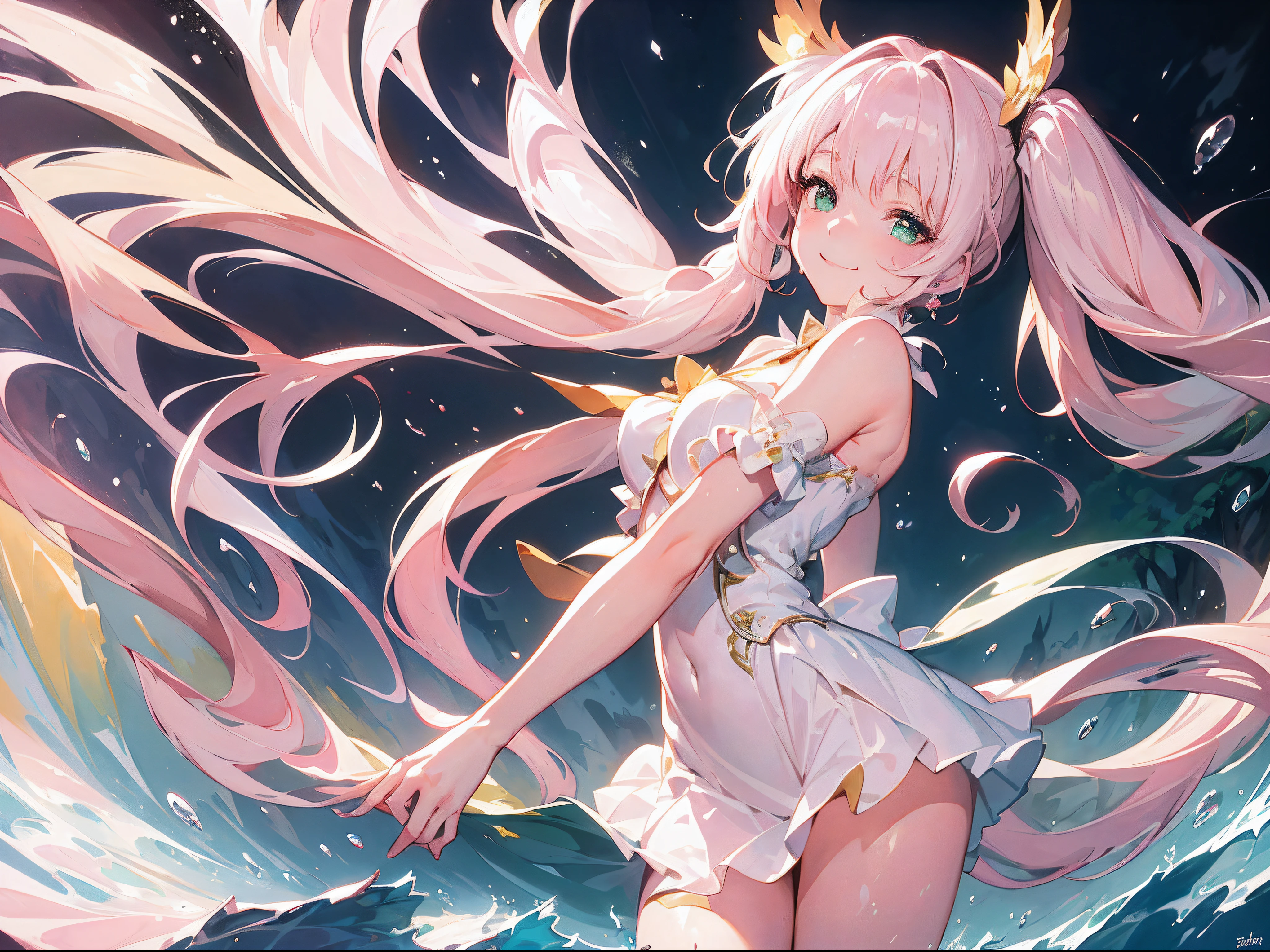 (Best quality),(4k), [highly grand details CG painting]!!,(cheer sticks),(((the Greatest masterpiece,))) (ultra detailed),(((magic girl))),(intricately details),(Natural,adorable face),((((beautiful forest))),(dynamic angles,)(breeze),(dynamic lighting),(blooming,synthetic wave), (reality: 0.7), solo,1 girl,Long eyelashes,twintails,watery eyes,reflected eyes,light pink haired deity,straight hair,floating hair,(formal dress),((elegant and conservative cloth)),seductive smile,arms behind back