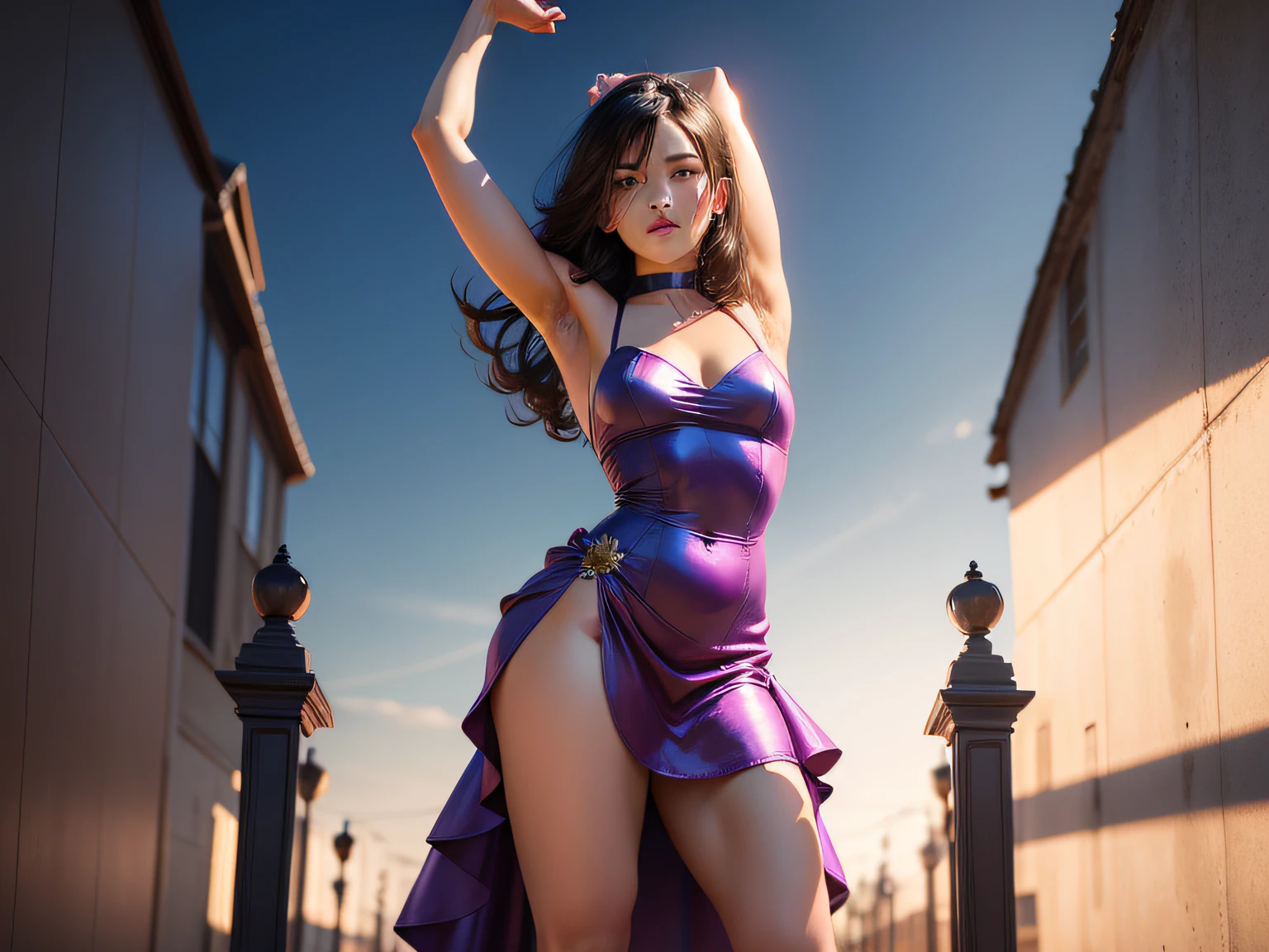One pretty girl satin dress high heels bicep flex standing victory pose