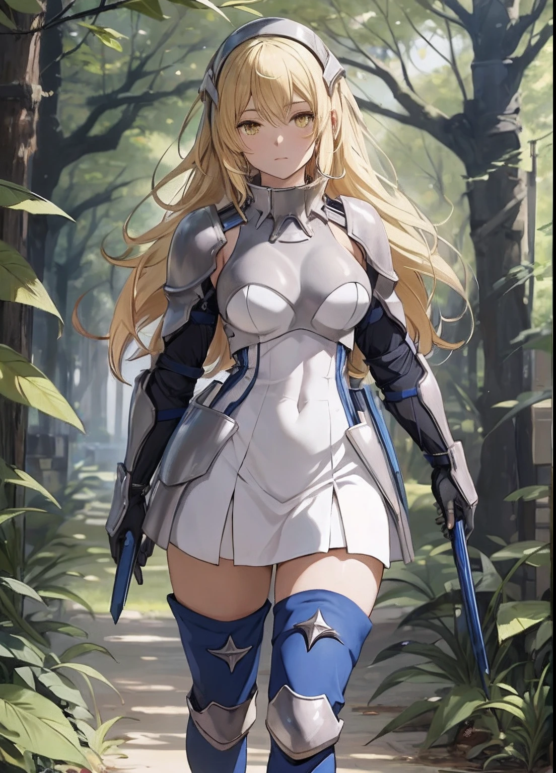 ais, 1girl, solo, blonde hair, armor, long hair, straight hair, thighhighs, boots, dress, yellow eyes, thigh boots, blue long boots, blue footwear, covered navel, breastplate, shoulder armor, gloves, white dress outdoor, sunny, standing