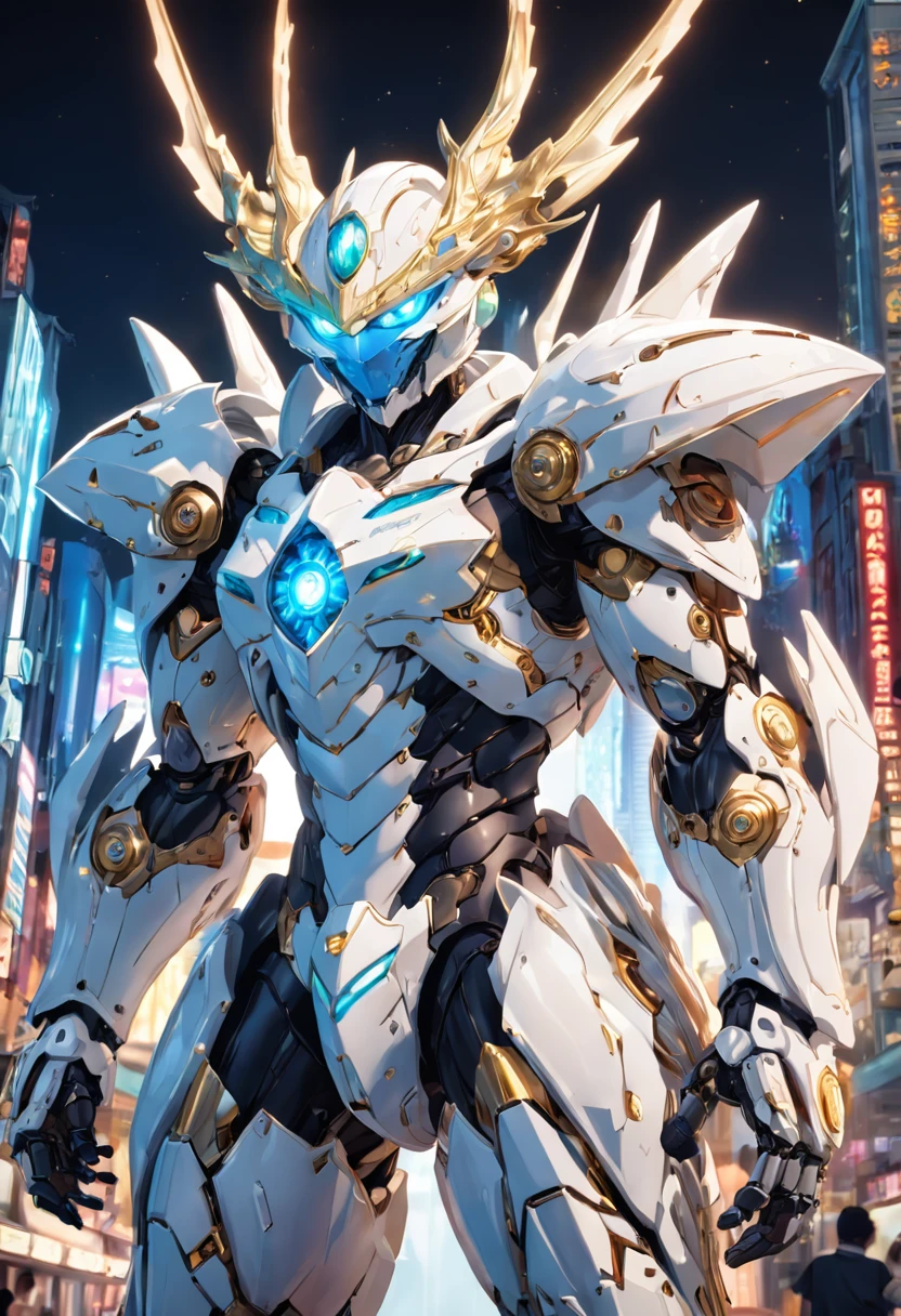 Dragon World, Intricate Details, Super Intricate Details, (Glowing Gems), BREAK Robot, Giant Mech, White Armor, Jewelry, Pendants, Necklaces, Bracelets, Diamonds, Colored Gems, Skyline, Kamen Rider, Marvel Movies, (Mecha), (Mechanical), (Armor), Pro RAW Color Photo, Crystal, (Open Leg: 1.3), Perfect, (Wide Angle), Crazy Details, Unrealistic Engine Style, Boca Effect, David La Chapelle style shots, Bioluminescent color palette: Pale gold, light blue, bright white, wide angle, ultra-fine, cinematic still life, vibrant, saquimica style, perfect eyes, highest image quality 16K, inspired by Canon EOS R 6 "Chaos 50,--, under the eye mole, shooting masterpiece Harry Winston, ray tracing, surrealism, textured skin