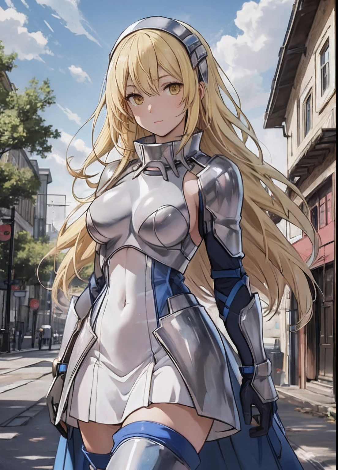 ais, 1girl, solo, blonde hair, armor, long hair, straight hair, thighhighs, boots, dress, yellow eyes, thigh boots, blue long boots, blue footwear, covered navel, breastplate, shoulder armor, gloves, white dress outdoor, sunny, standing