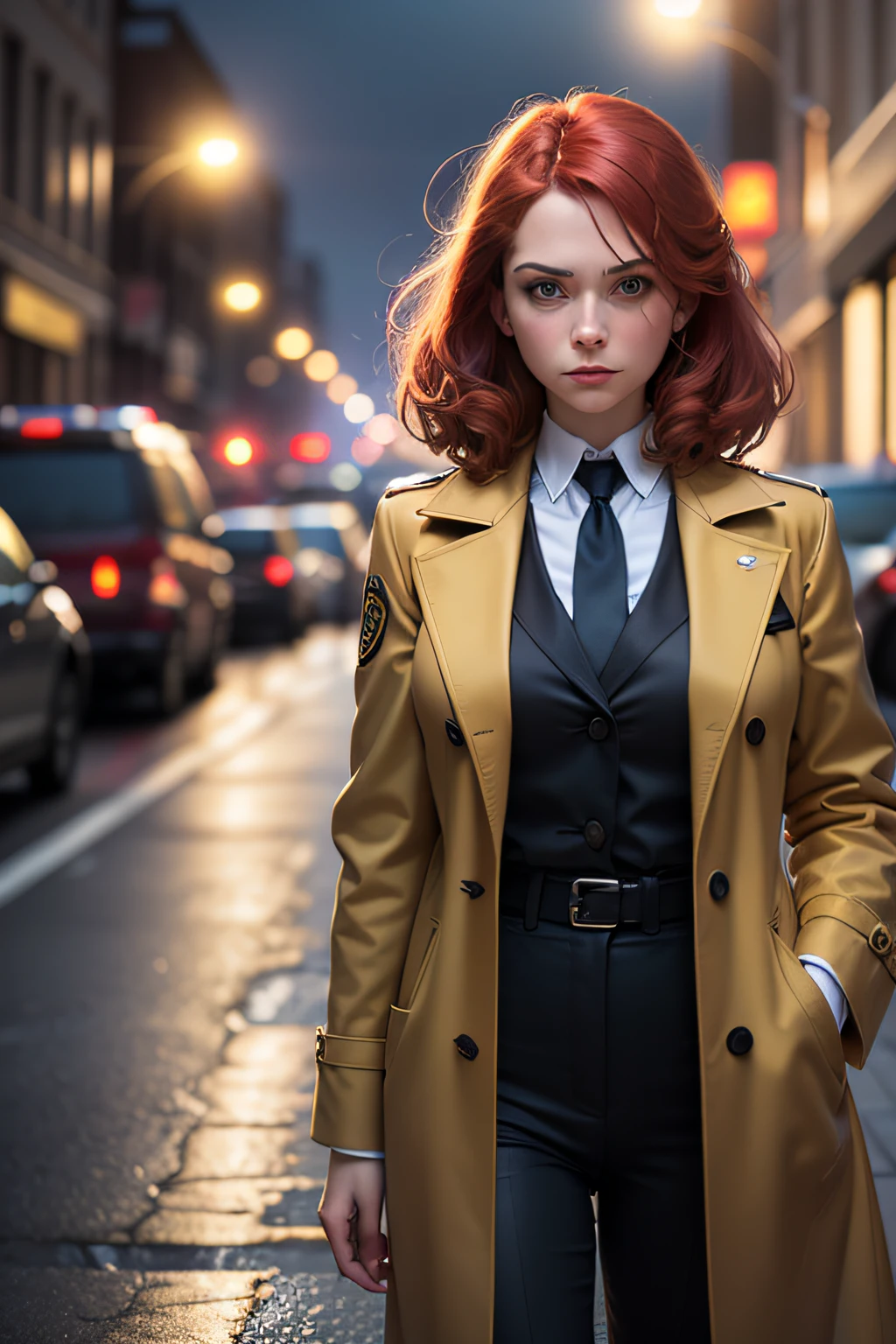 Samantha, a private detective, with a determined look, red hair, shoulder-length hair, suspicious eyes, illuminated only by the light of a streetlamp, while investigating an abandoned crime scene. The silhouette of a murderer is visible in the background, Samantha wears detective clothes, "is wearing a yellow brusa and black tie" and over her clothes a "black overcoat from the 1940s" --auto --s2