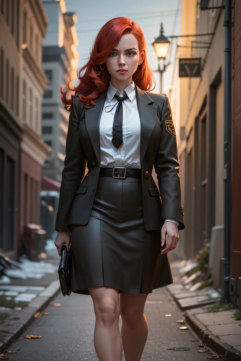 Samantha, a private detective, with a determined look, red hair, shoulder-length hair, suspicious eyes, illuminated only by the light of a streetlamp, while investigating an abandoned crime scene. The silhouette of a murderer is visible in the background, Samantha wears detective clothes, "is wearing a yellow brusa and black tie" and over her clothes a "black overcoat from the 1940s" --auto --s2