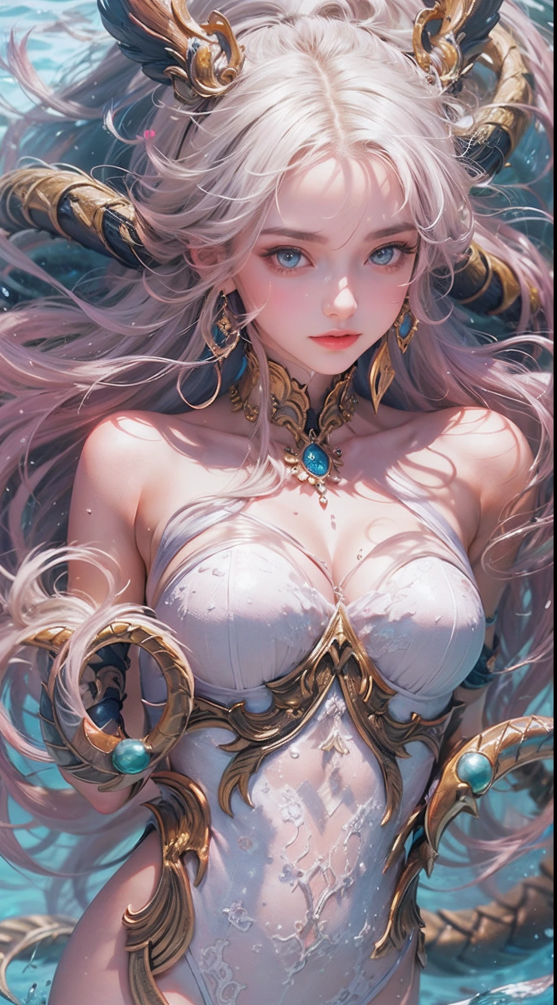 low-teengirl, 10yo, princess of dragon, （Highest quality authentic textured skin),(abyssal),(Fine, Round, Symmetrical eyes),Delicate facial features,(Burning bright and cold eyes), she have beautiul tiger eyes, very slim and thin body, naked, nude, (She has a mischievous smile on her face),(Her face is gentle and beautiful),Glass earrings on the ears,,(Blonde hair),(silvery white hair),(Maroon hair),(Swim at the bottom of the sea)，(Full body portrait:1.5),(Dramatic photo:1.4),(dramatic pose),(flamboyant photo)(facing up),(Looking down),(Around her neck hangs a simple necklace of exquisite craftsmanship),A messy painting，(Hair flows in water:1.5),(Underwater, Marine life, Beautiful coral reef, Fish),(Vortices and tidal currents in the background),(Dramaticlight),(Magnificent scene),(Surrounded by beautiful dragon),In the distant background is a temple submerged in a coral reef,the reef,Epic realism,Cinematic feeling,(high-density imaging review:1.5),(Soft color:1.2),Ultra detailed,Dramaticlight,(intricately details:1.1),the complex background,