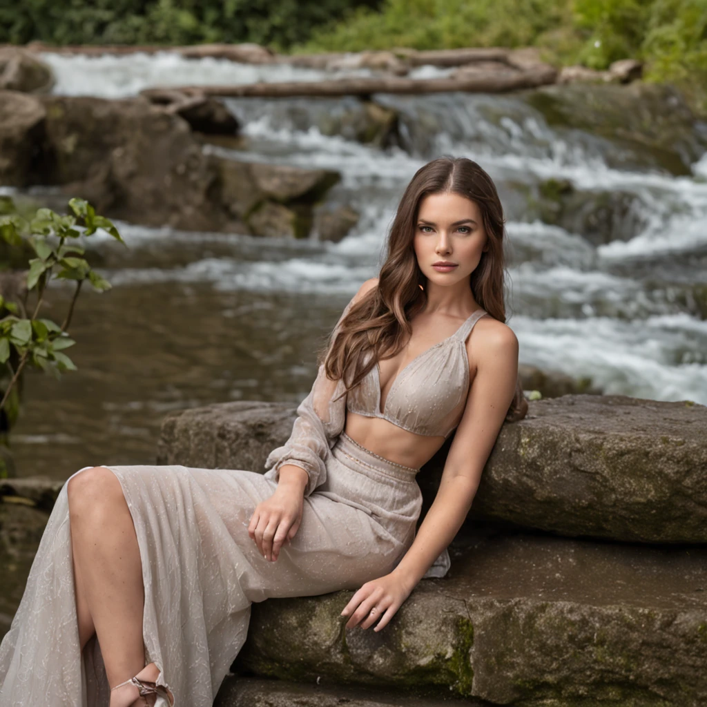 attraktives model, braune haare, verschwommener hintergrund mit wasserfall und natur, Outfit: modern und aktuell mit betonung der Figur in auffallender farbe