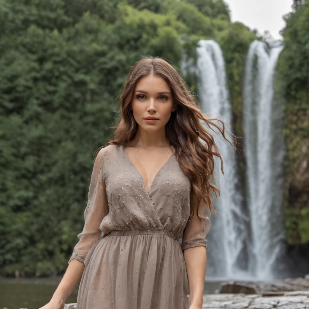 attraktives model, braune haare, verschwommener hintergrund mit wasserfall und natur, Outfit: modern und aktuell mit betonung der Figur in auffallender farbe