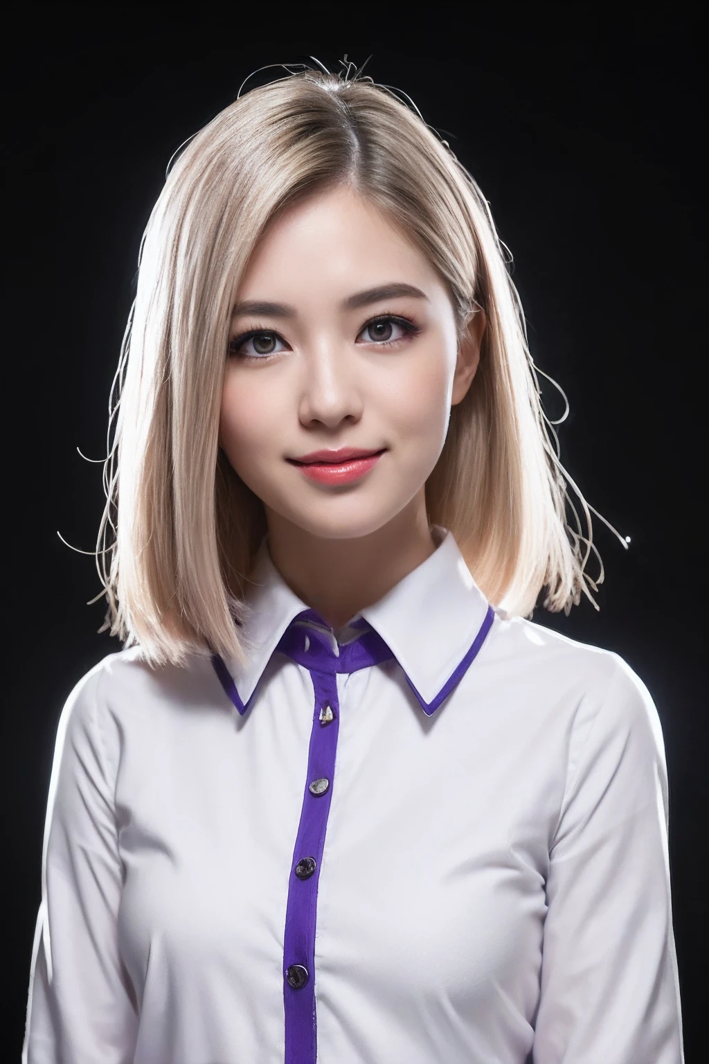 1girl,beautiful vintage color, instagram (photorealistic, high resolution:1.4), ((puffy eyes)), looking at viewer, , full body (8k, RAW photo, best quality, masterpiece:1.2), (realistic, photo-realistic:1.37),(sharp focus:1.2), professional lighting, photon mapping, radiosity, physically-based rendering, (pale skin:1.2),(small breasts:1.2), looking at viewer, (middle hair:1.5), portrait, purple eyes, (sliver hair:1.1),bangs, (simple background:1.4), solo, upper body, realistic,(masterpiece:1.4),(best quality:1.4),(shiny skin),fashi-girl,makeup,smile(skinny,closed mouth,shy :1.3) ,(standing,black Stewardess uniform,Necromancer:1.1),medium bust,sexy pose ,