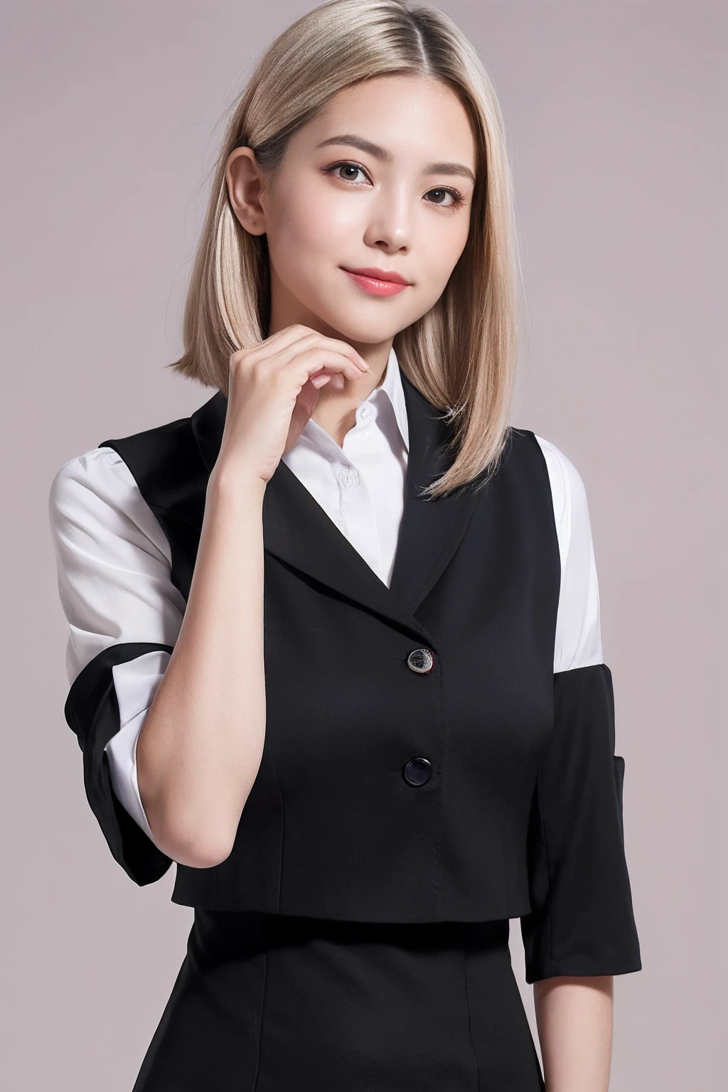 1girl,beautiful vintage color, instagram (photorealistic, high resolution:1.4), ((puffy eyes)), looking at viewer, , full body (8k, RAW photo, best quality, masterpiece:1.2), (realistic, photo-realistic:1.37),(sharp focus:1.2), professional lighting, photon mapping, radiosity, physically-based rendering, (pale skin:1.2),(small breasts:1.2), looking at viewer, (middle hair:1.5), portrait, purple eyes, (sliver hair:1.1),bangs, (simple background:1.4), solo, upper body, realistic,(masterpiece:1.4),(best quality:1.4),(shiny skin),fashi-girl,makeup,smile(skinny,closed mouth,shy :1.3) ,(standing,black Stewardess uniform,Necromancer:1.1),medium bust,sexy pose ,