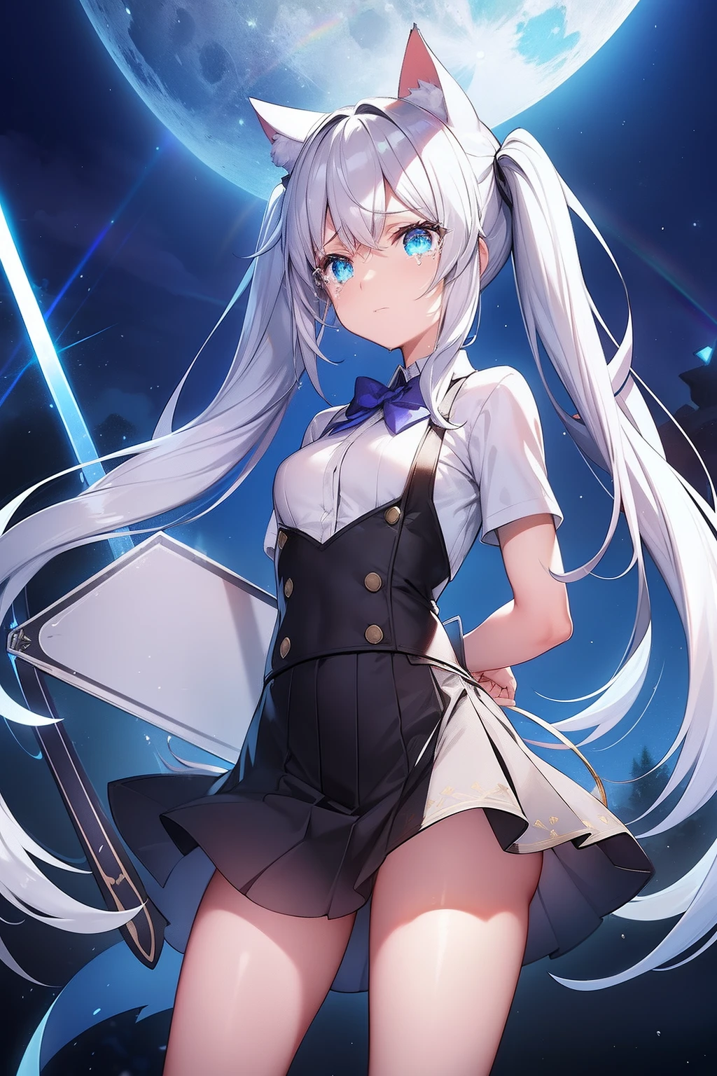 Cat's ears,Hair is silver twin tails,Amazing cutting board breasts,small pectoral muscle,the chest is very flat,Goggles shine on her head,Her skin is pale,A rainbow enveloped me like a snake in an interstellar wind,Unleash the Blade of Light, Highest Quality, Schoolgirl in black miniskirt,Raise the Devil's Rainbow Sword, ((glad))((Big tears)), 8 Blue Light Sword,Blade of Light,Lens Flare, Big rainbow,The moon shines,Star chips, bloom, ((Flame glow)), chromatic abberation], Digital Painting, Insane details, Intricate details, Beautifully color graded, Unreal Engine, Cinematic , colour grading, Editorial Photography , Photography, Photo Shot, Shot on 70mm lens, depth of fields, degrees of freedom, Tilt Blur, Shutter Speed 1/1000, h/22