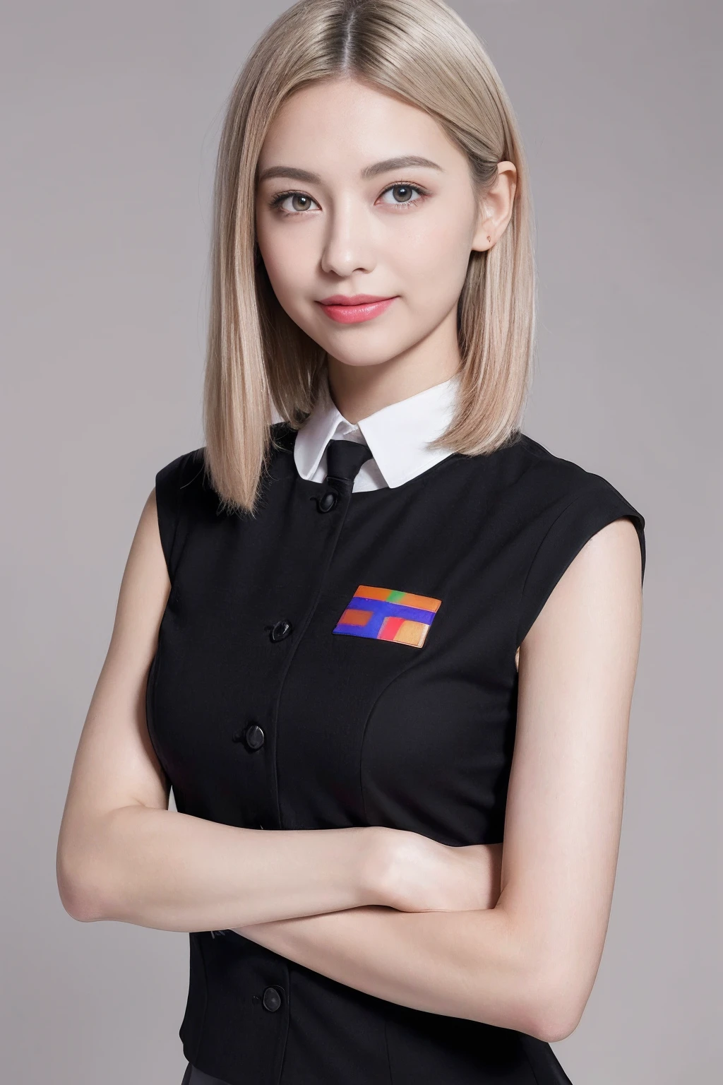 1girl,beautiful vintage color, instagram (photorealistic, high resolution:1.4), ((puffy eyes)), looking at viewer, , full body (8k, RAW photo, best quality, masterpiece:1.2), (realistic, photo-realistic:1.37),(sharp focus:1.2), professional lighting, photon mapping, radiosity, physically-based rendering, (pale skin:1.2),(small breasts:1.2), looking at viewer, (middle hair:1.5), portrait, purple eyes, (sliver hair:1.1),bangs, (simple background:1.4), solo, upper body, realistic,(masterpiece:1.4),(best quality:1.4),(shiny skin),fashi-girl,makeup,smile(skinny,closed mouth,shy :1.3) ,(standing,black Stewardess uniform,Necromancer:1.1),medium bust,sexy pose ,