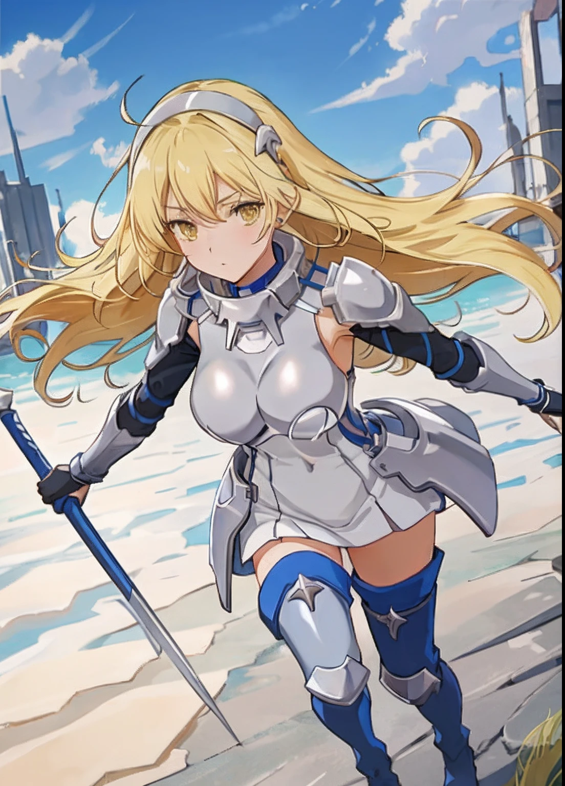 ais, 1girl, solo, blonde hair, armor, long hair, straight hair, thighhighs, boots, dress, yellow eyes, thigh boots, blue long boots, blue footwear, covered navel, breastplate, shoulder armor, gloves, white dress outdoor, sunny, standing