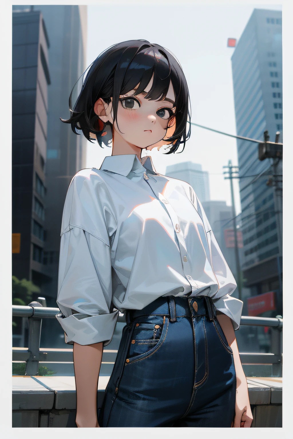 "1girl, short, black eyes, wearing a plain white shirt and denim shirt, in a city setting, with absurd resolution and high sharpness at ultra high 8k quality."