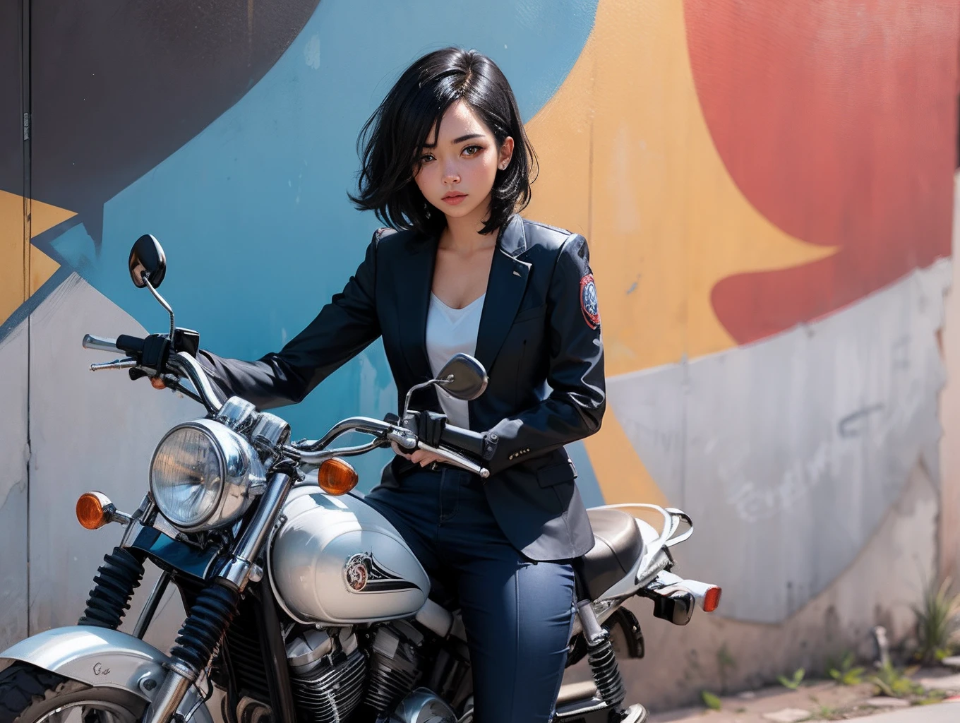 Black hair with two strands of blue dye,The girl has dark eyes,Wearing a motorcycle style suit,Lazily leaning against the graffiti wall