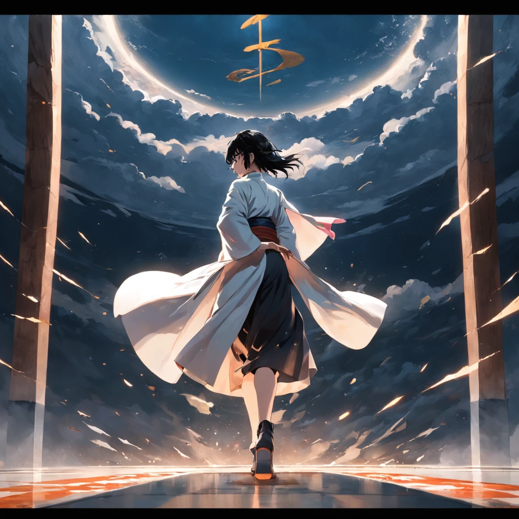 tmasterpiece,best qualtiy,cinematic Film still from,of a guy,Long boots,Hands behind your back,long white robe,The wind blows,precipice,Yin and Yang Bagua Diagram,checkerboard background