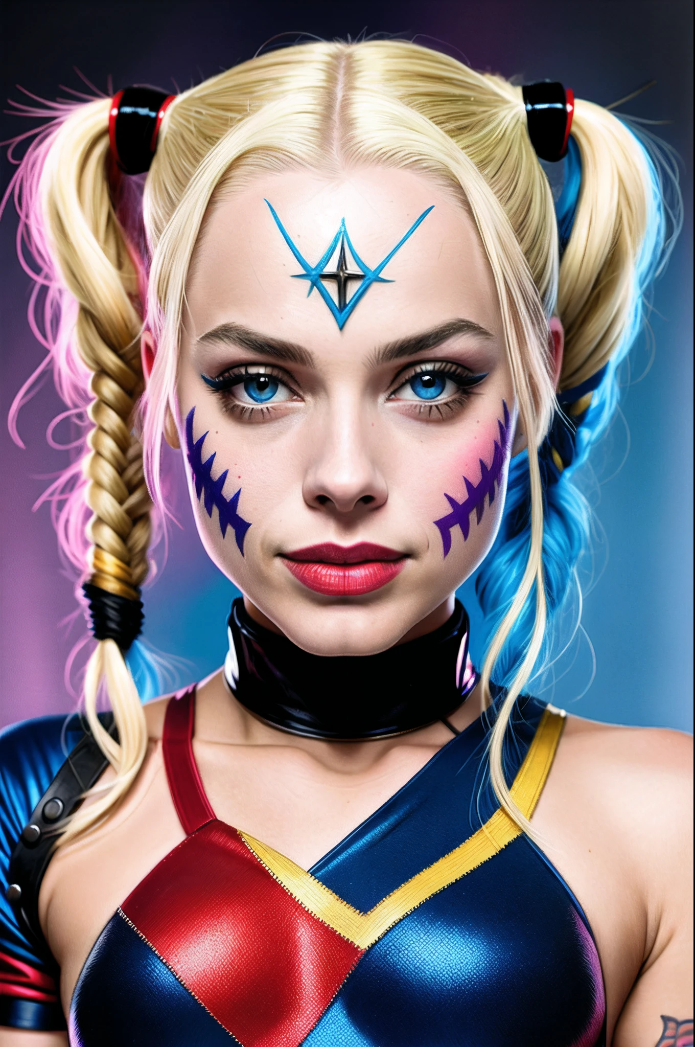(Movie Still) from Suicide Squad , (extremely intricate:1.3), (realistic), portrait of a girl, the most beautiful in the world, Margot Robbie as Harley Quinn, colorful hair, pigtails, blue eyes, baseball bat, teeth, (detailed face, detailed eyes, clear skin, clear eyes), photorealistic, award winning, professional photograph of a stunning woman detailed, sharp focus, dramatic, award winning, cinematic lighting, volumetrics dtx