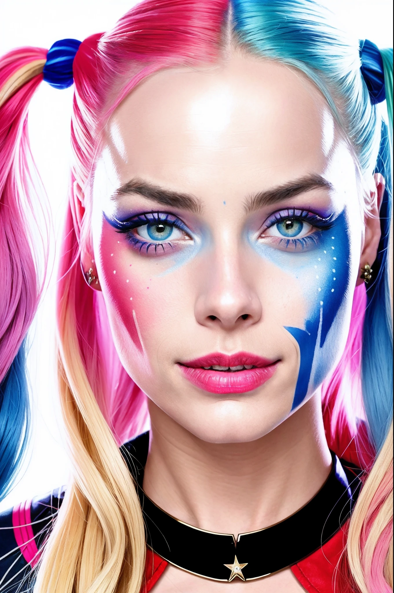 (Movie Still) from Suicide Squad , (extremely intricate:1.3), (realistic), portrait of a girl, the most beautiful in the world, Margot Robbie as Harley Quinn, colorful hair, pigtails, blue eyes, baseball bat, teeth, (detailed face, detailed eyes, clear skin, clear eyes), photorealistic, award winning, professional photograph of a stunning woman detailed, sharp focus, dramatic, award winning, cinematic lighting, volumetrics dtx