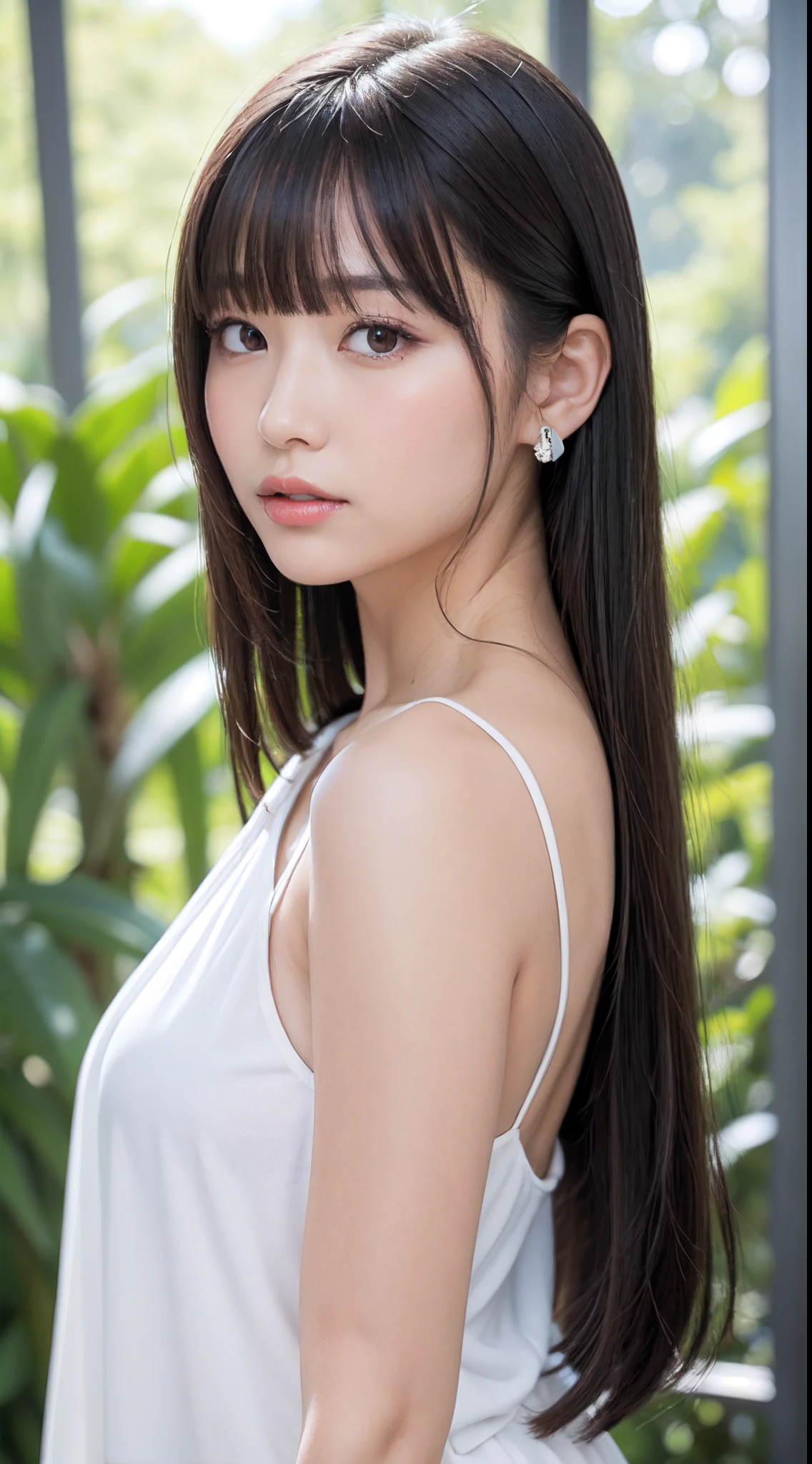 1womanl, up of face, mideum breasts, light brown hair, Blunt bangs, hair behind ear, hair over shoulder, Long hair, slender body shape, Ultra Fine Face, Thin face, Delicate lips, Beautiful eyes, thin blush, eyes are light brown, perfect glossy skin, flawless skin, Glistening sweat,View here, Ultra-thin hands, Ultra-fine fingers, best ratio four finger and one thumb, (realisitic:1.3), Finger Extensions, See-through white blouse. Broad-leaved forest, One-person viewpoint, Fuji Film, F/1.2, 8K, masutepiece, nffsw, Super Detail, High quality, Best Quality, hight resolution,