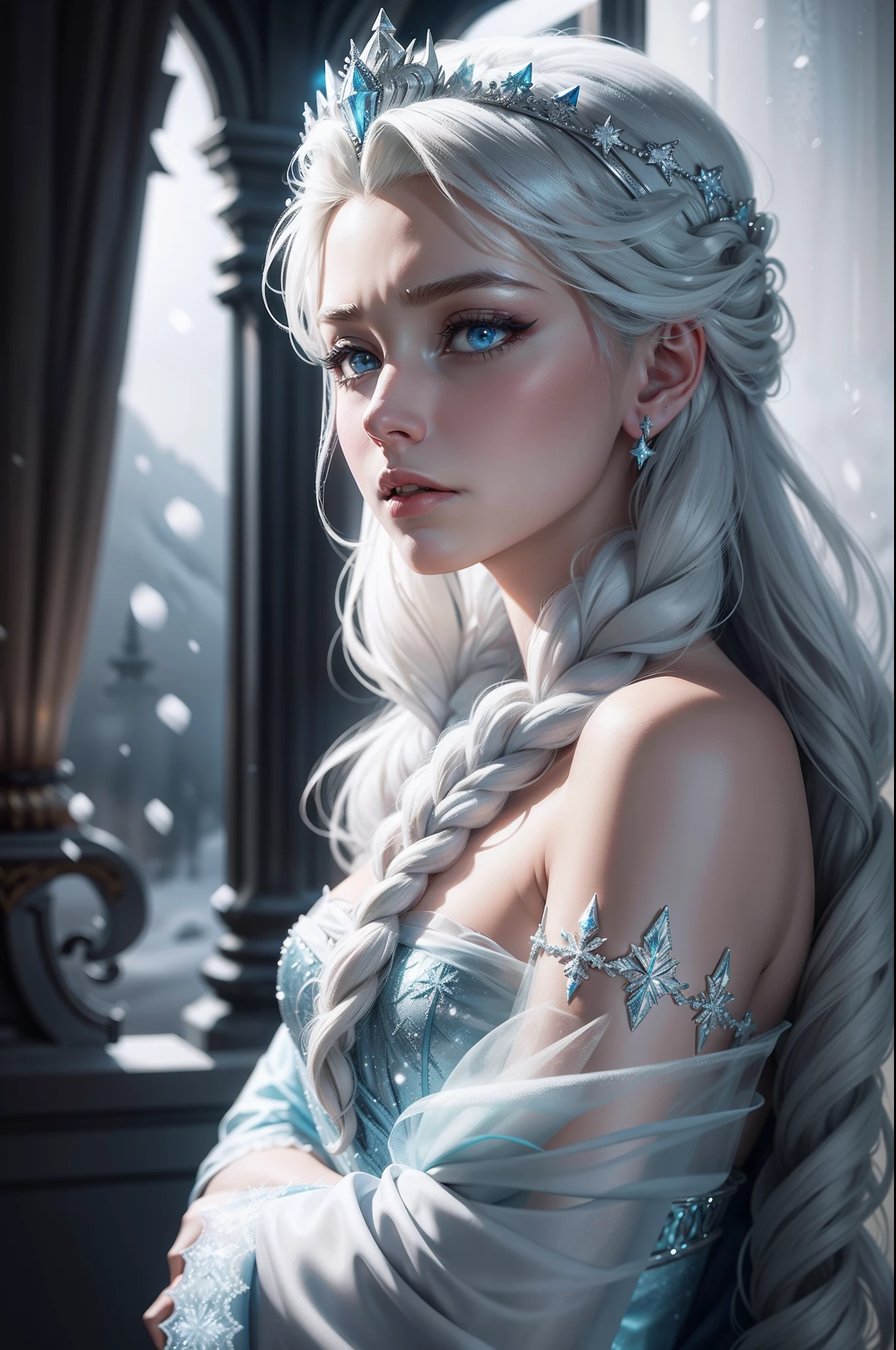 Princess Elsa,Mofa,a sense of atmosphere,Real-world scenarios,Ice and snow,character poster