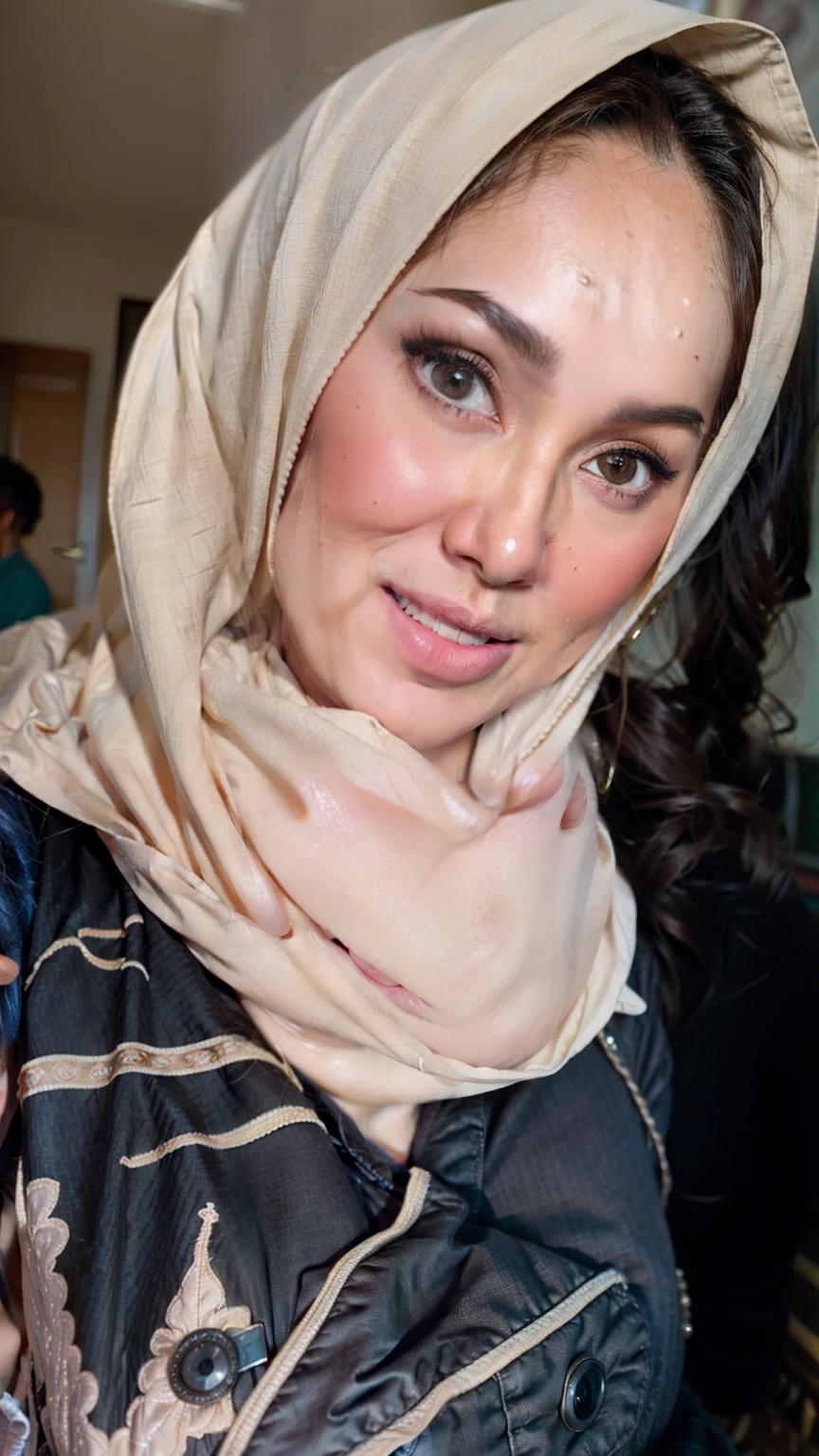 Portrait photo of a matured chubby malay girl, curvy, (laughing:1.2), hijab,malaysian, posing, look at a camera, nerd, spectacle, wear pink panties and bra, wearing glasses, full body, room background, big breast,nighttime, backlit, epic realistic, hyper detailed, detailed skin texture, mole below eye, natural skin texture, mole in body, insane details, intricate details, accent lighting, soft volumetric light, bokeh, (dramatic light:1.2), (neutral colors:1.3), cross process, living room background, ((detailed realistic face and eyes)), good lighting, 8K resolution, Legs Wide Open, spread Legs, lying on bed, Liquid from the Crotch, Blushing, fat, wet body, wet cleavage, very wet body with water, on the side, penetration,