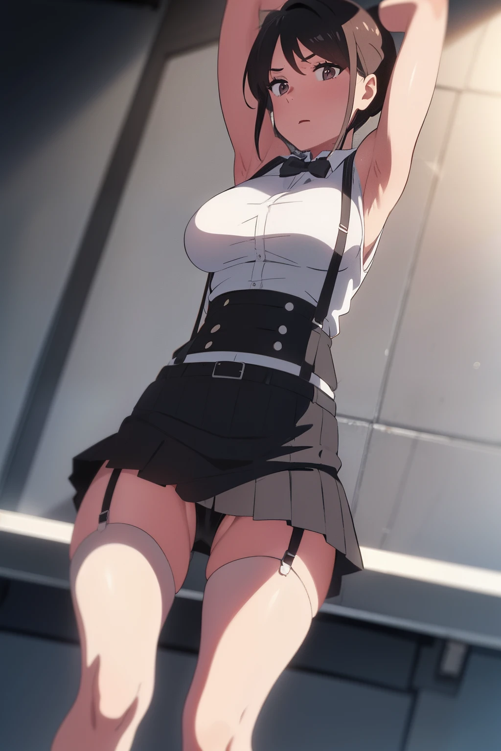 Black skirt, Tank Tops　suspenders, Brown hair Gray eyes, Garter belt on the legs, Tight clothes, 　　 a belt　Armpit sweat　　deadpan　large full breasts