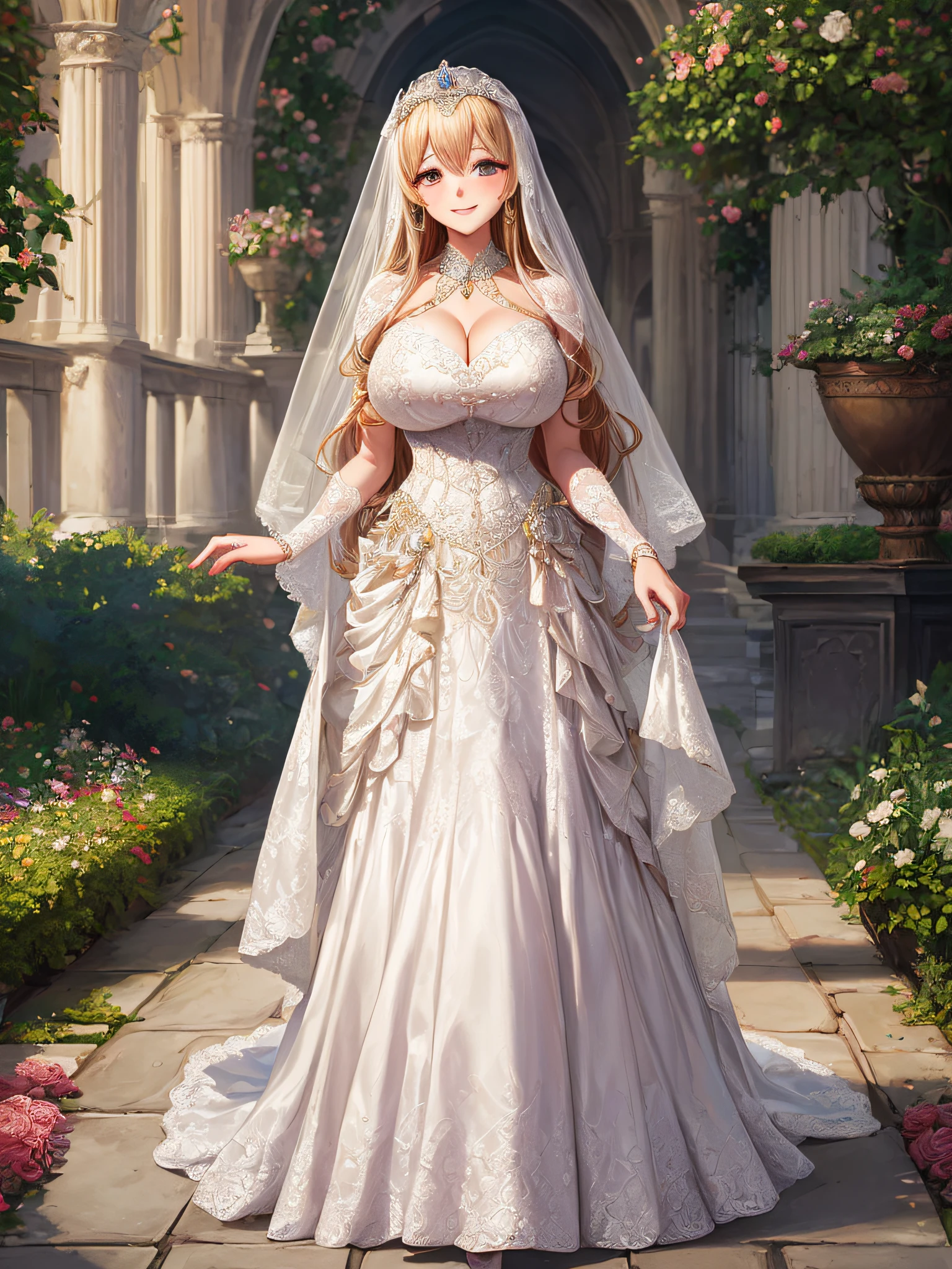 (masterpiece, best quality:1.2),1girl, (solo), cute, kawaii,digital art,((1 princess wearing beautiful embroidery and jeweled gorgeous wedding dress with voluminous full length hoop skirt)),crinoline,((gorgeous embroidery and beautiful lace)),(very gigantic boobs,cleavage,skindentation),((shiny hair,Bangs between eyes,voluminous straight hair,extremely Long straight Hair)),(finely detailed face and eye),smile,extremely gorgeousfull jeweled tiara,((bling-bling gorgeous gemstone jewelry)),long wedding veil,((standing in beautiful garden)),flowers,flower petals flowing,((beautiful embroidery and jeweled gorgeous wedding dress with voluminous full length hoop skirt))
