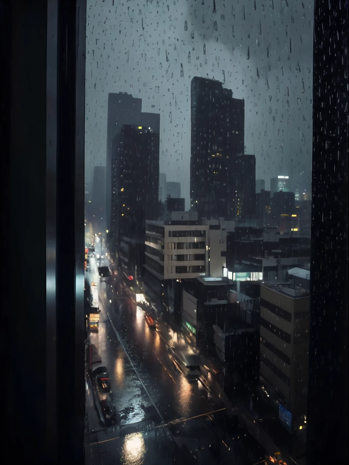 Arafard view of a city street，Rain falls on it, rainy streets in the background, heavy rainning at tokyo night, rainy urban streets, rainy cyberpunk city, rainy city at night, it is raining outside the window, Gloomy weather. Hyperrealistic, rainy and gloomy atmosphere, It was raining outside the window, tokyo in a flood, Gloomy weather. High quality