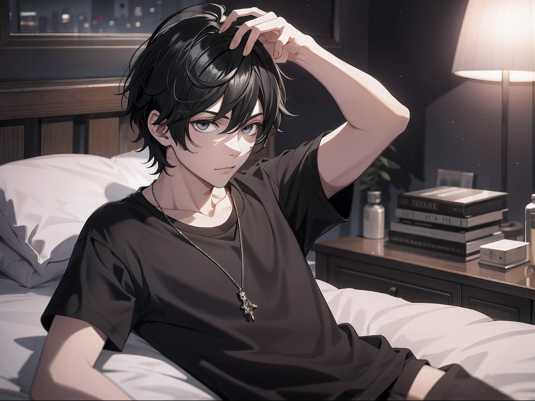 Absurd resolution, high resolution, (masterpiece: 1.4), hyper-detail, young man messy short black hair, black casual clothes, eerie room, lying on the sofa, watching TV (1.3) black cat