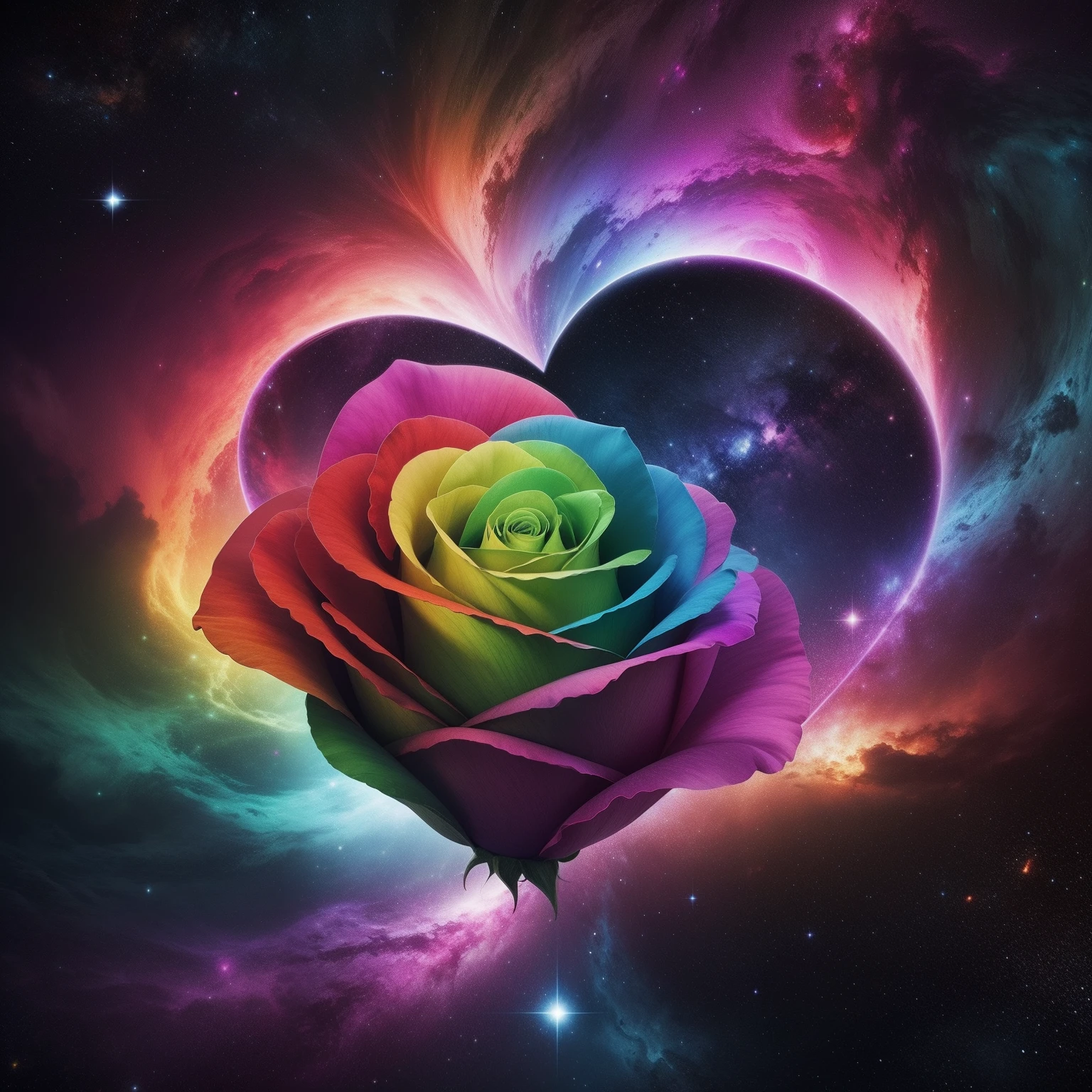 Bright multicolor Rose heart in a nebula in very high quality, beach in the background, Beautiful 4K UHD art, Highly detailed 4K digital art, high resolution. uhd, hyper details, vibrant colors,