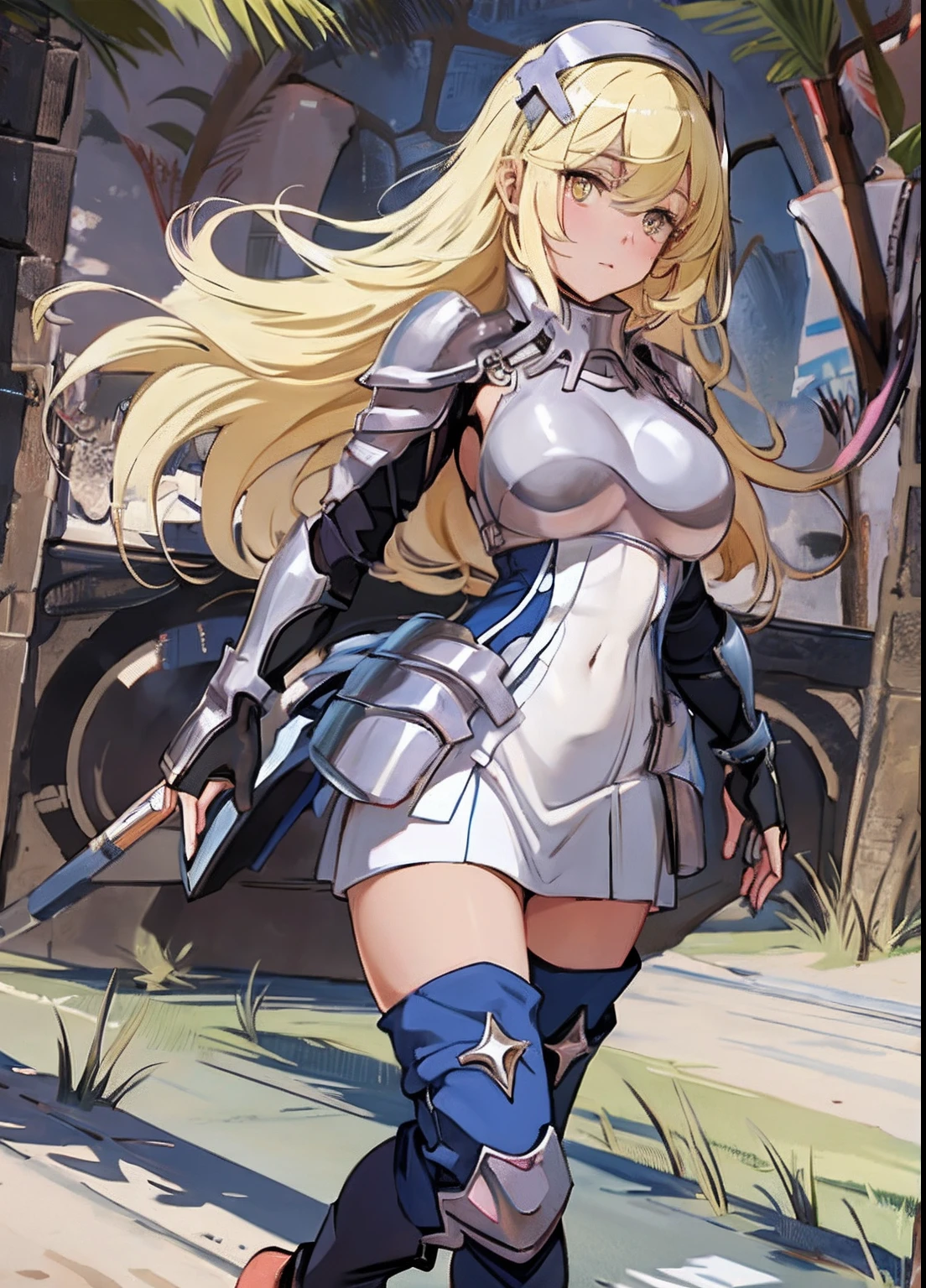 ais, 1girl, solo, blonde hair, armor, long hair, straight hair, thighhighs, boots, dress, yellow eyes, thigh boots, blue long boots, blue footwear, covered navel, breastplate, shoulder armor, gloves, white dress outdoor, sunny, standing, blowjob, oral sex