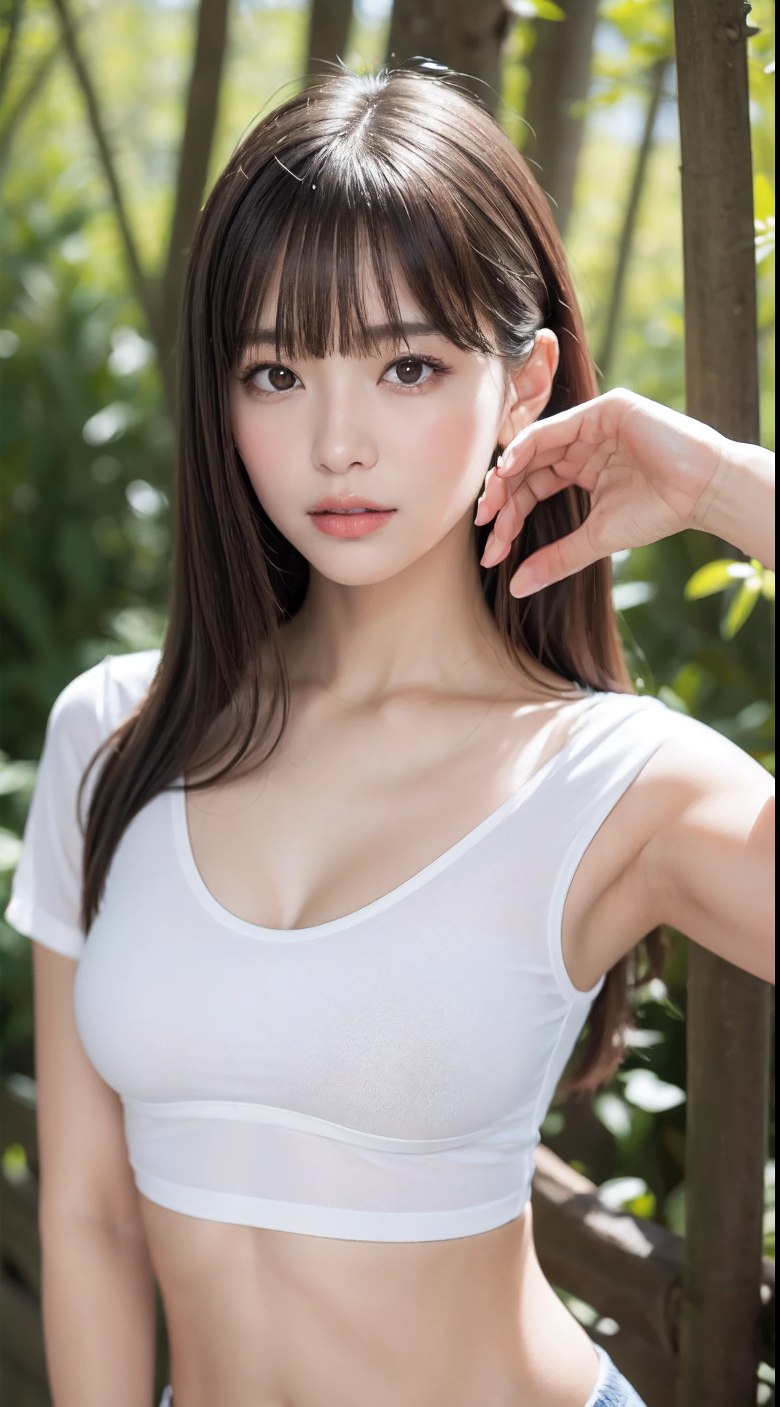 1womanl, up of face, mideum breasts, light brown hair, Blunt bangs, hair behind ear, hair over shoulder, Long hair, slender body shape, Ultra Fine Face, Thin face, Delicate lips, Beautiful eyes, thin blush, eyes are light brown, perfect glossy skin, flawless skin, Glistening sweat,View here, Ultra-thin hands, Ultra-fine fingers, best ratio four finger and one thumb, (realisitic:1.3), Finger Extensions, See-through white blouse. Broad-leaved forest, One-person viewpoint, Fuji Film, F/1.2, 8K, masutepiece, nffsw, Super Detail, High quality, Best Quality, hight resolution,