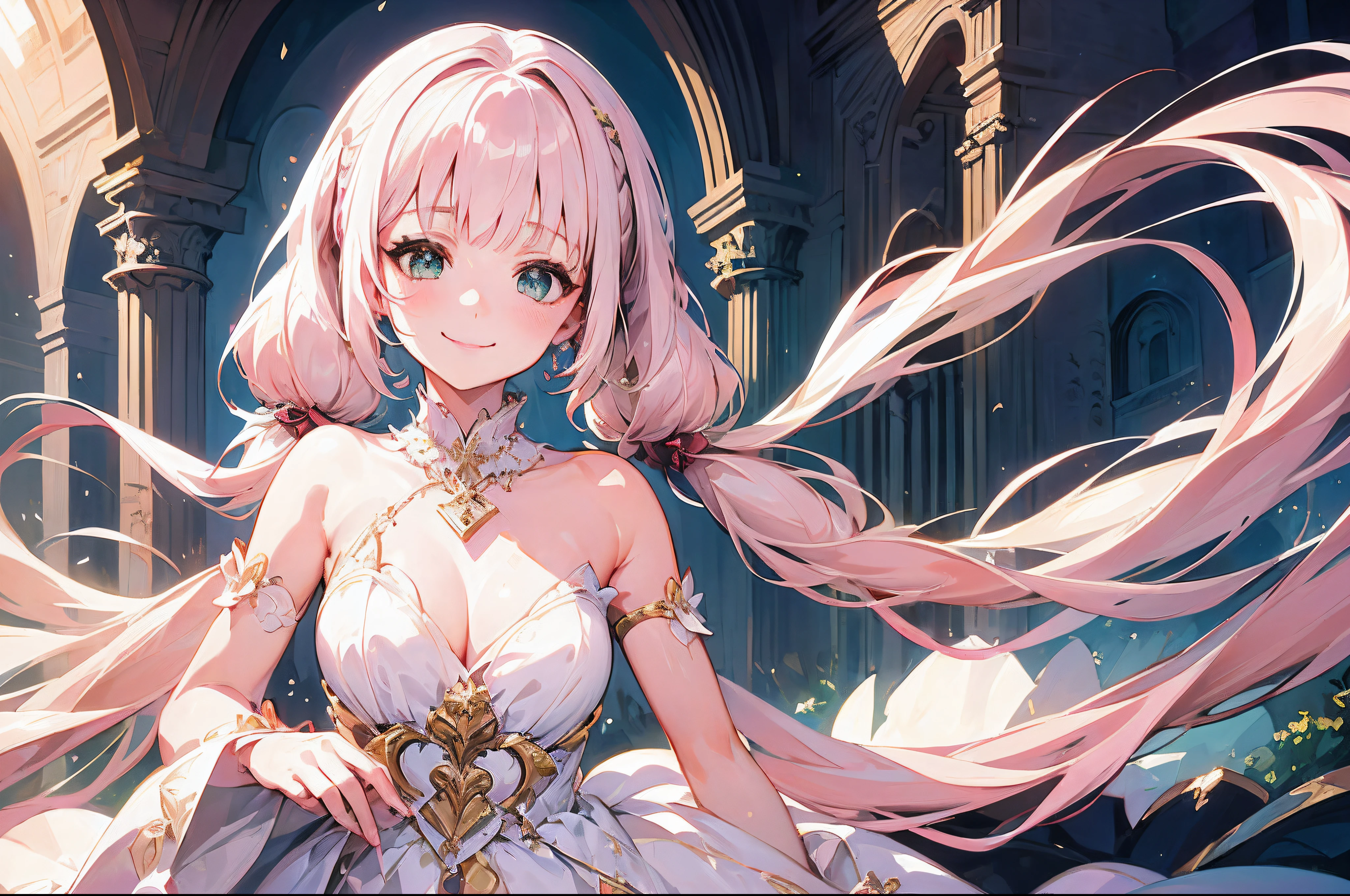 (Best quality),(4k), [highly grand details CG painting]!!,(cheer sticks),(((the Greatest masterpiece,))) (ultra detailed),(((magic girl))),(intricately details),(Natural,adorable face),((((beautiful church))),(dynamic angles,)(breeze),(dynamic lighting),(blooming,synthetic wave), (reality: 0.7), solo,1 girl,Long eyelashes,twintails,watery eyes,reflected eyes,light pink haired deity,straight hair,(long wedding dress,trains),((elegant and conservative cloth)),seductive smile,arms behind back