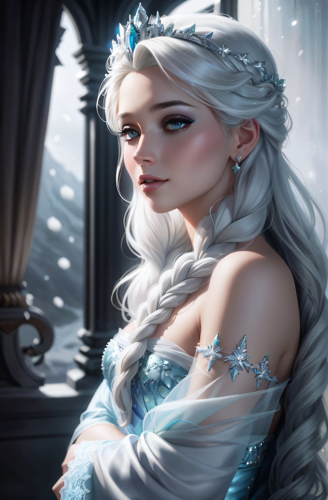 Close-up of a woman with long white hair wearing a lace, magali villeneuve', inspired by Magali Villeneuve, portrait of elsa of arendelle, graphic artist magali villeneuve, Realistic fantasy illustration, beautiful fantasy art portrait, Extremely detailed Artgerm, Fantasy art style, author:Magali Villeneuve, beautiful fantasy art