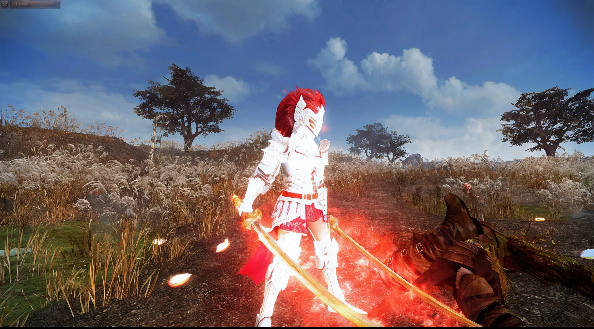 There was a man with a sword standing in the field, White and red armor, wielding a flaming sword, sleek bright white armor, clothed in ethereal battle armor, flame conjuring armored, glossy white armor, female redhead templar, detailed white armor, <mmorpgs scene, Wielding a magic sword, heavy white and golden armor, intricate white armor,Rocky Heroes Legend Lista