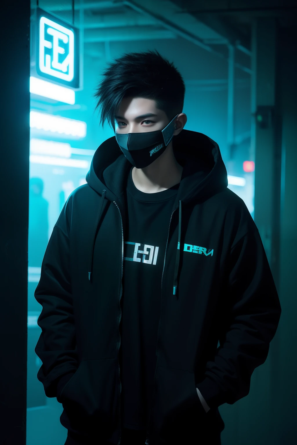 There was a boy wearing a mask and a black hoodie,With a knife in his hand, Hyper-realistic cyberpunk style,Digital cyberpunk anime style,cyan colors