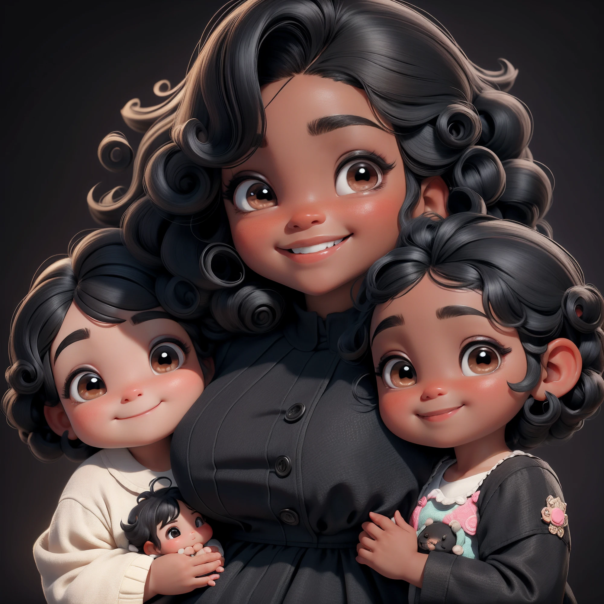 Mom with her two daughters, Adorable chibi, com um sorriso radiante no rosto, black skin black hair is full of curls , bem gordinha com os olhos grandes e azuis.