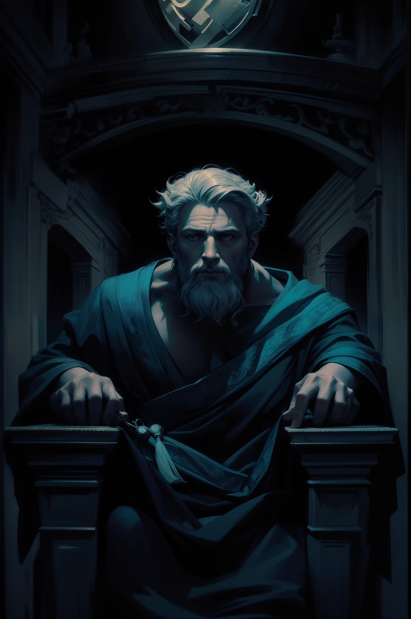 Em seu trono um homem grego, detailed wearing a ghostly toga, fundo neutro, Moody, , fotorrealista, cinema atencioso, super detalhada, Hiper realista, luzes brilhantes, 8 mil